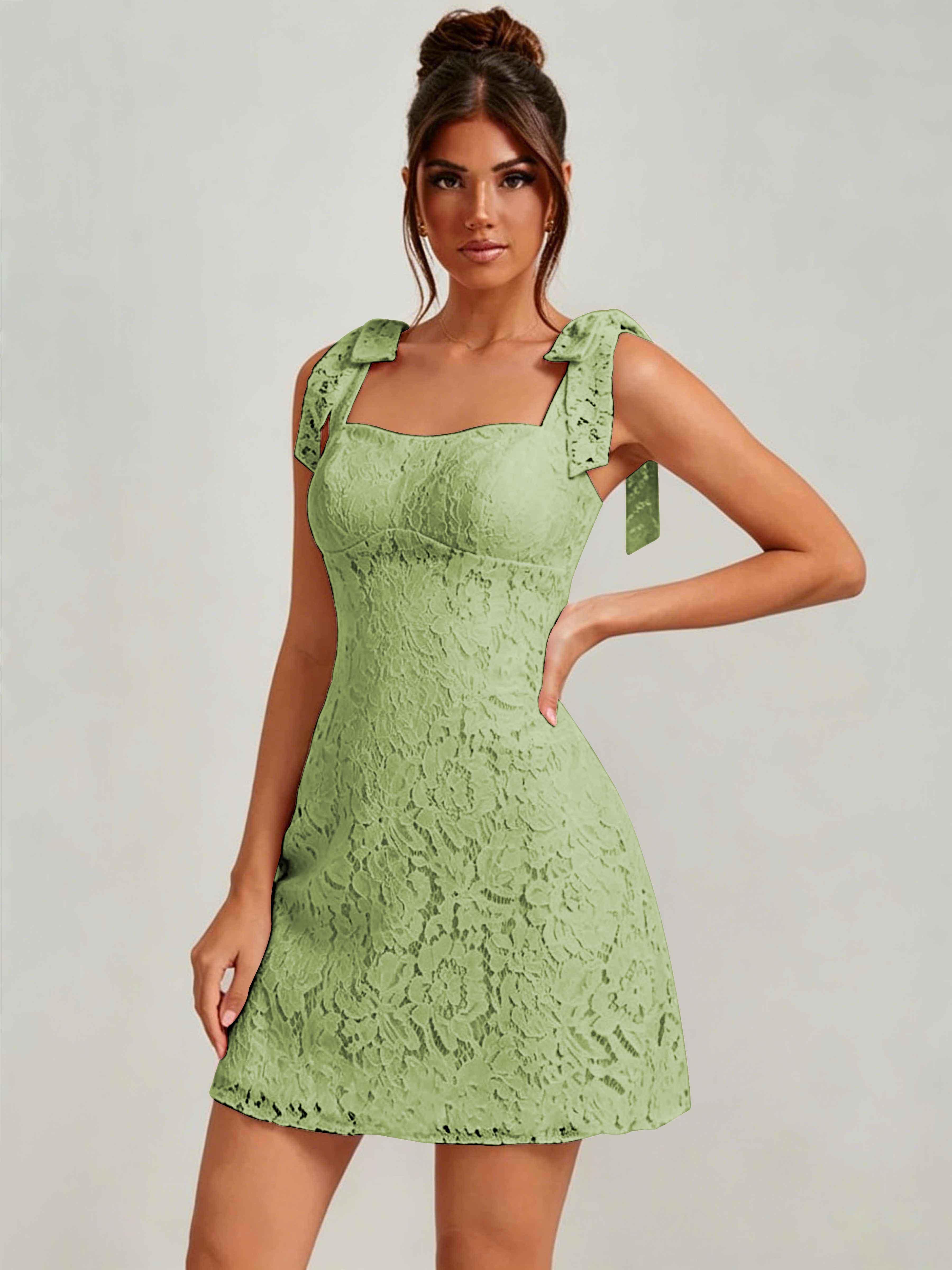 ROVDESY Bow Tie Spaghetti Strap A-Line  Floral Lace Mini Dress