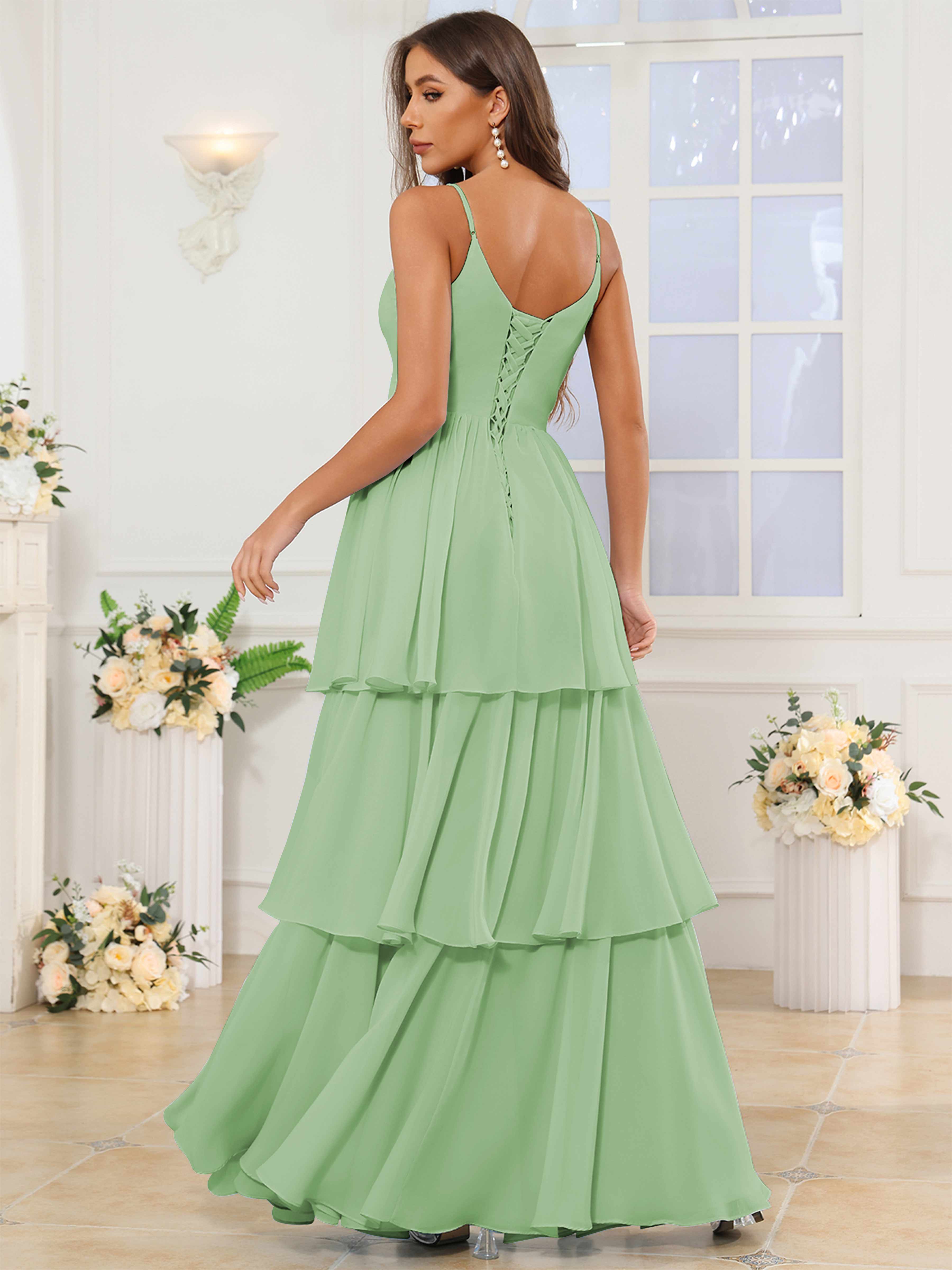 ROVDESY V-Neck Spaghetti Straps Tiered Chiffon Bridesmaid Dress With Ruffles