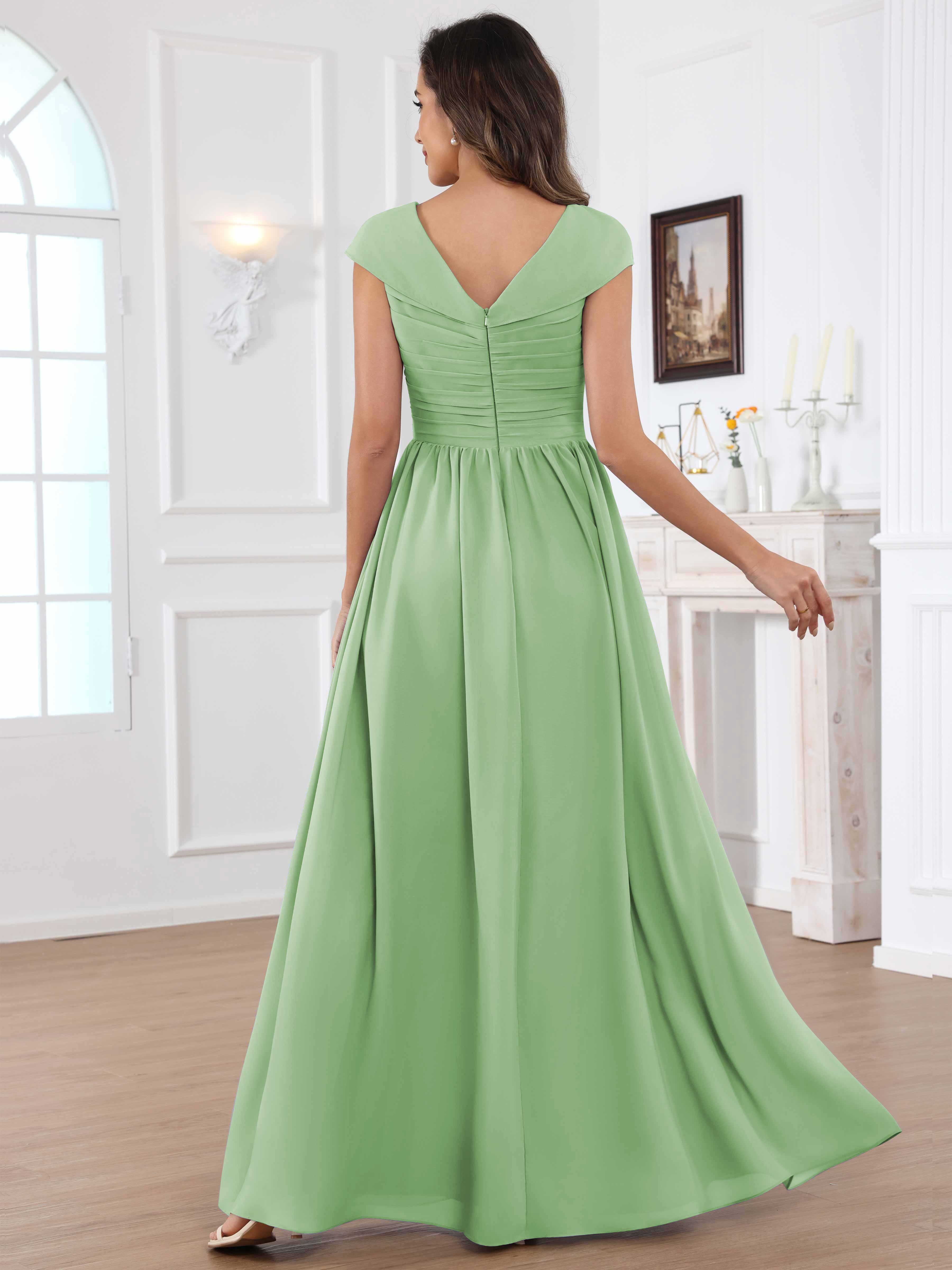ROVDESY A-Line Cap Sleeves Pleated Chiffon Mother Of The Bride Dress