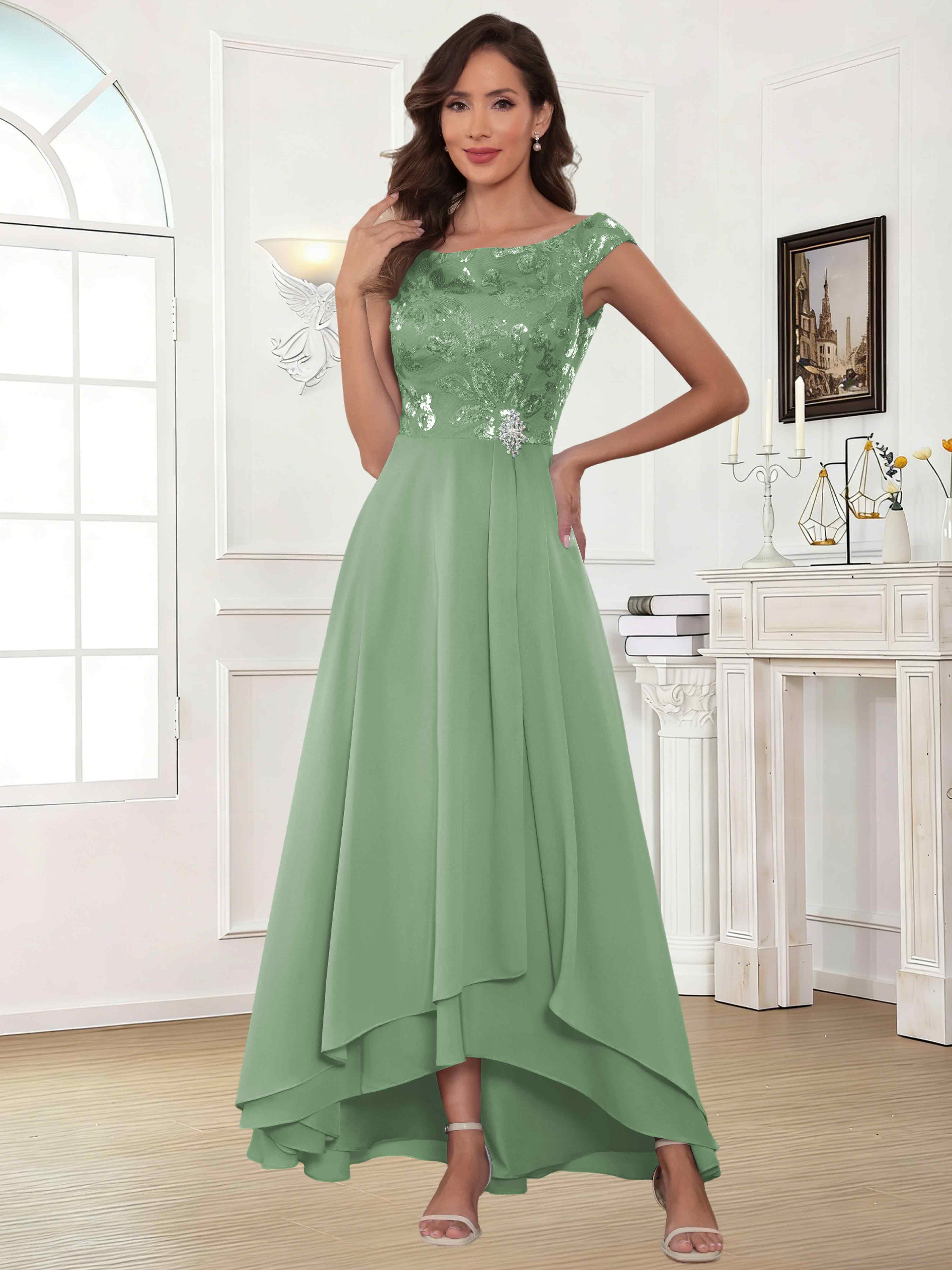 ROVDESY Tea Length Off-The-Shoulder Sequin Chiffon Mother Of The Bride Dress