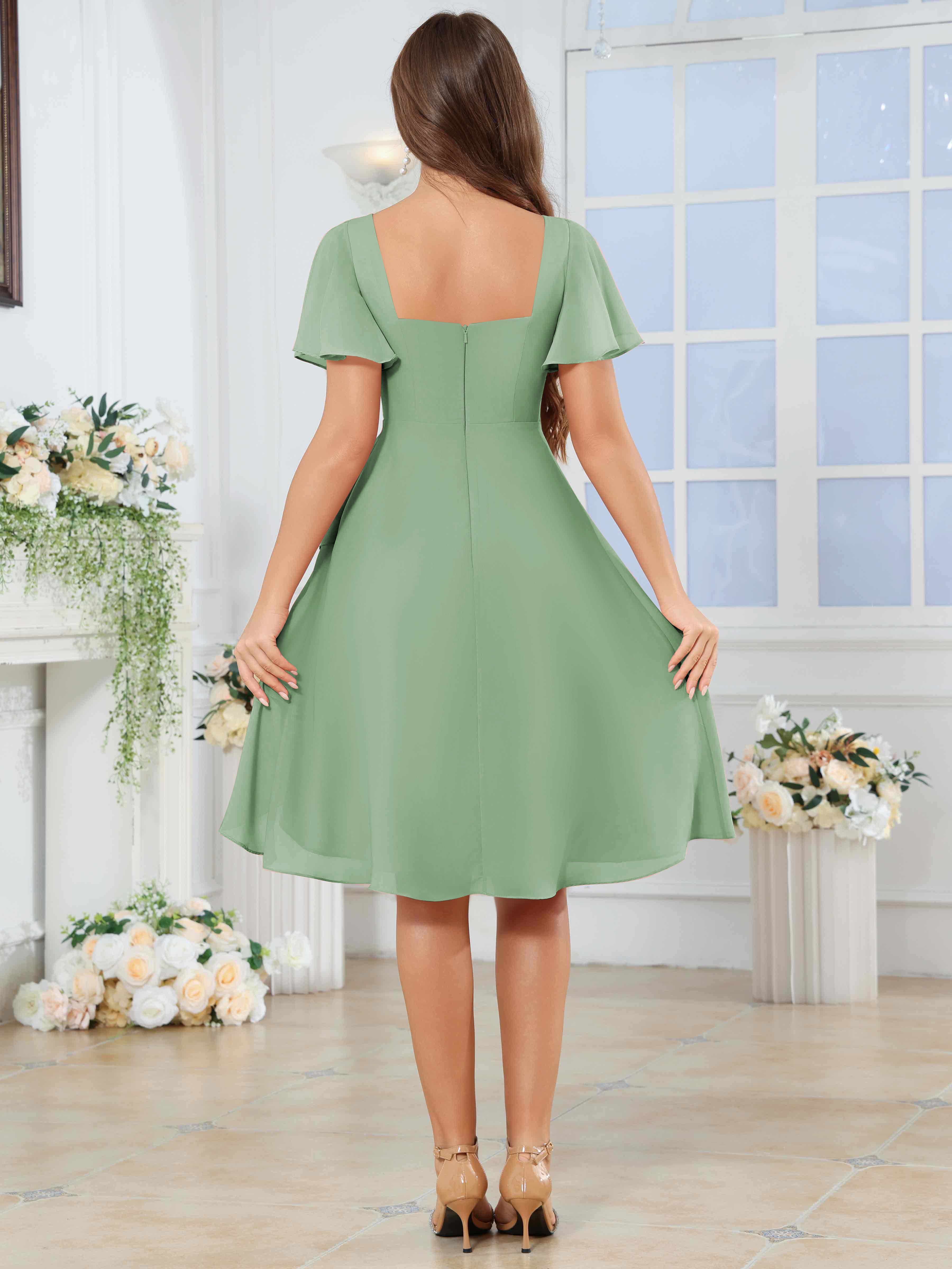 ROVDESY Knee Length V-Neck Pleated Chiffon Bridesmaid Dress With Short Sleeves