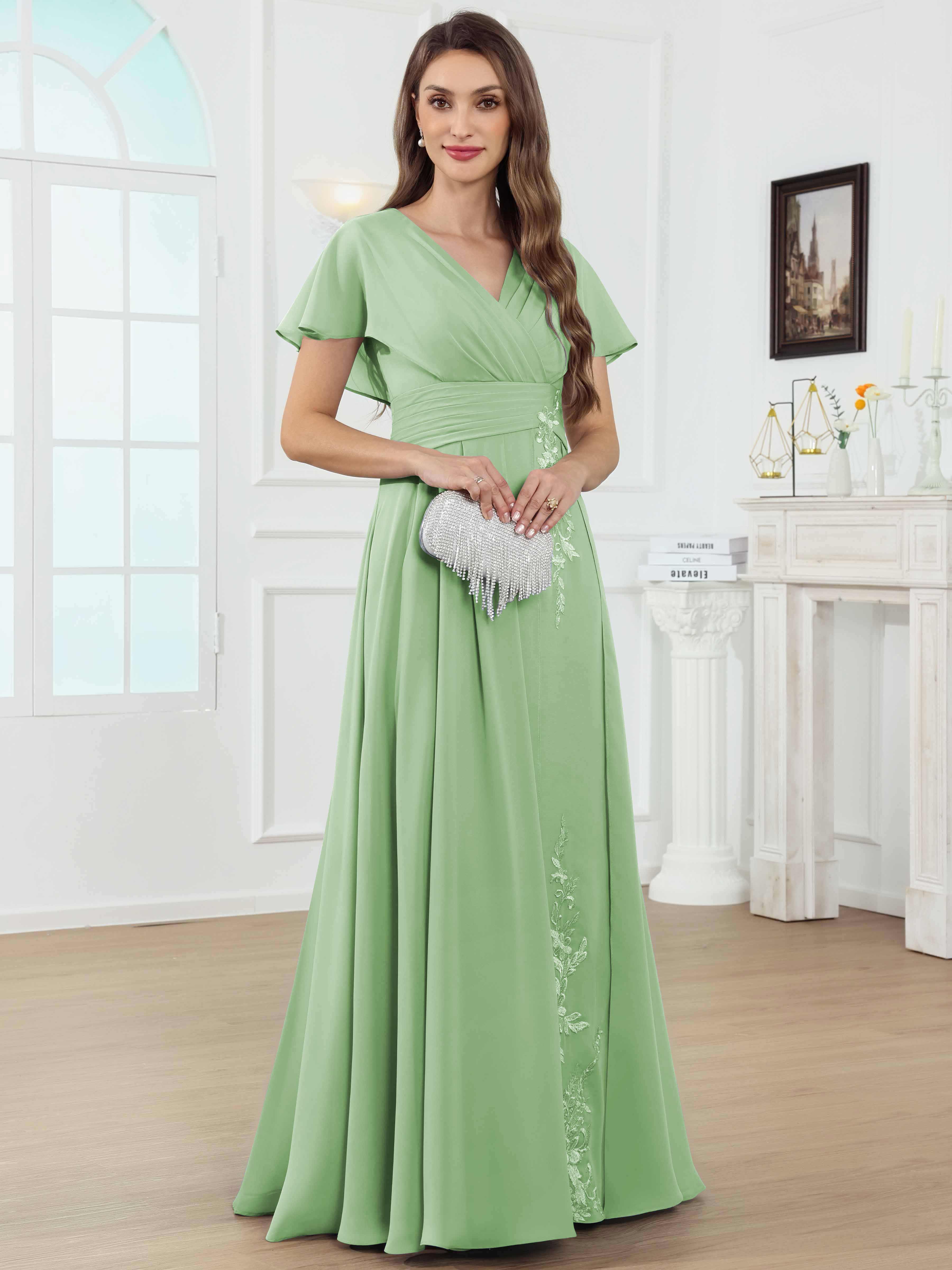 ROVDESY A-Line V-Neck Pleated Lace Chiffon Mother Of The Bride Dress With Short Sleeves