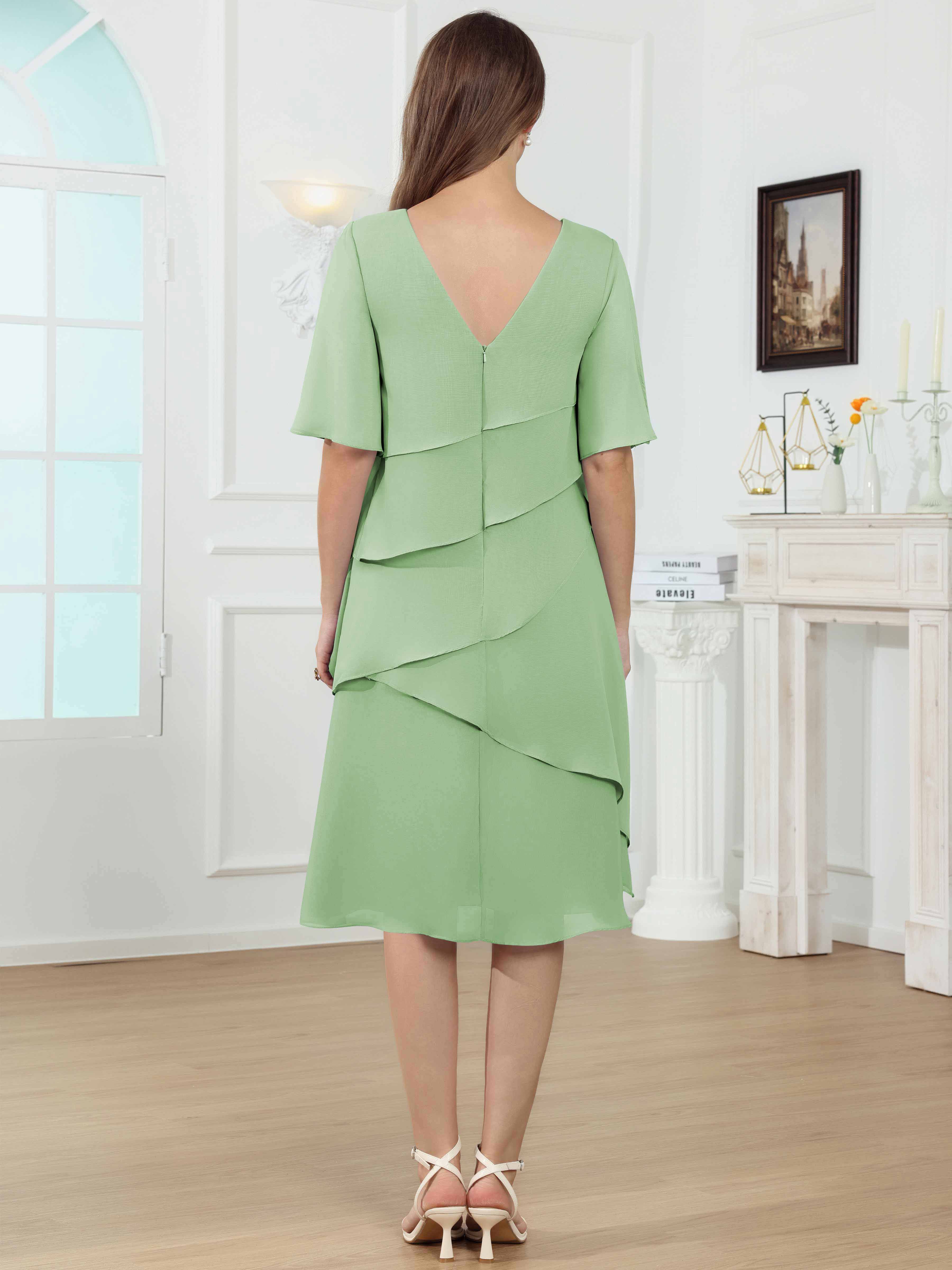 ROVDESY Knee Length Tiered Ruffle Chiffon Mother Of The Bride Dress With Half Sleeves