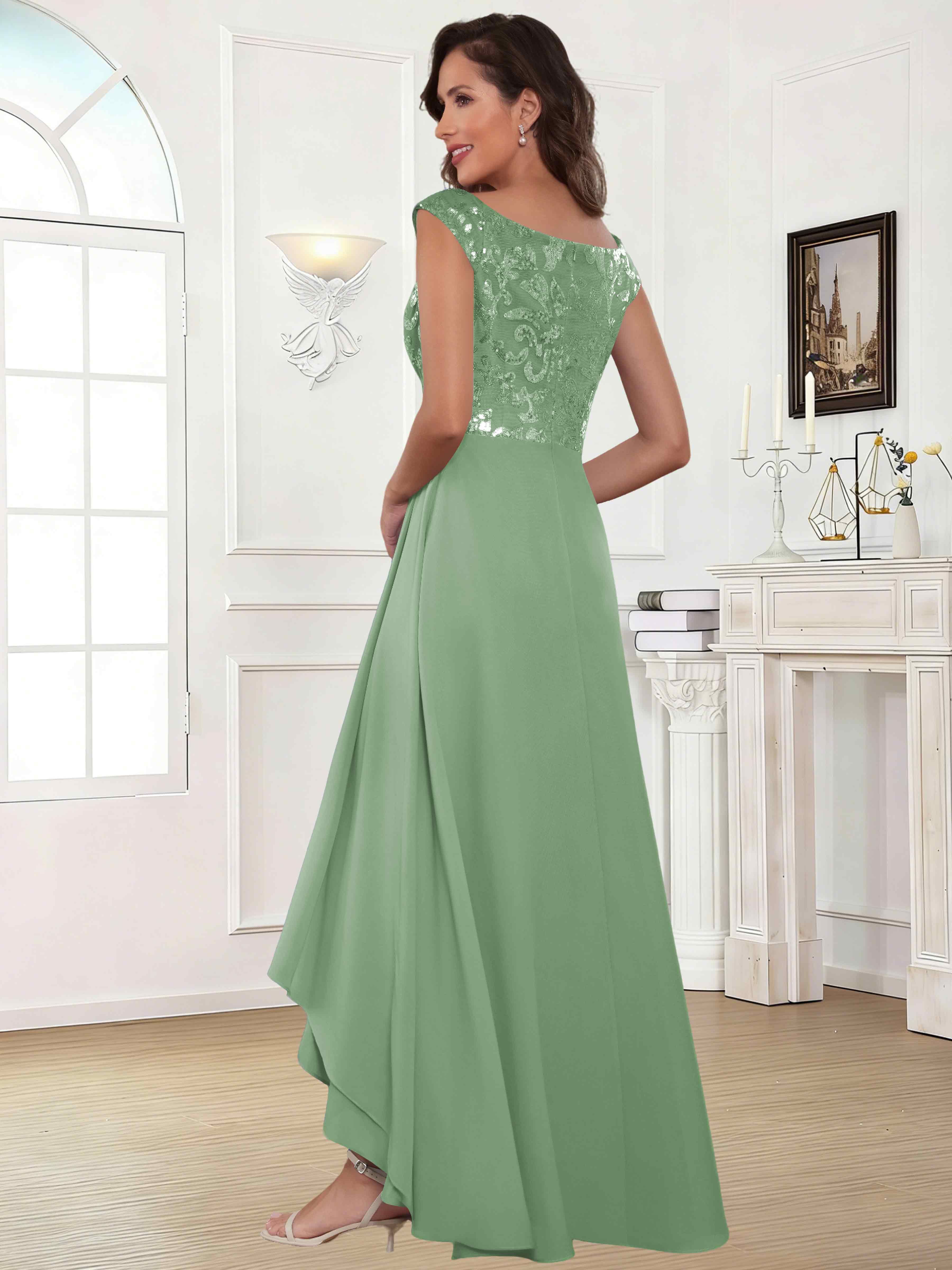 ROVDESY Tea Length Off-The-Shoulder Sequin Chiffon Mother Of The Bride Dress