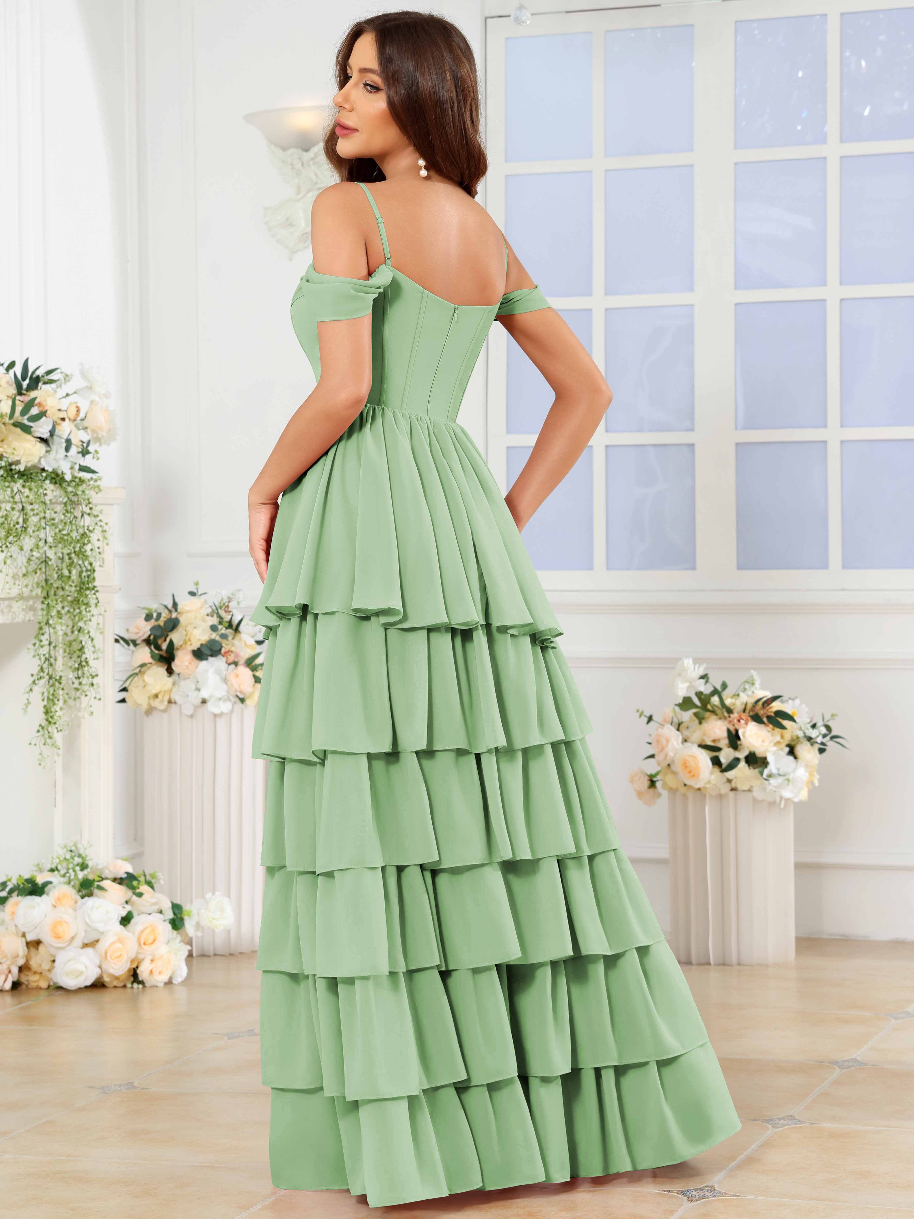 ROVDESY A-Line Off The Shoulder Tiered Chiffon Bridesmaid/Prom Dress With Slit