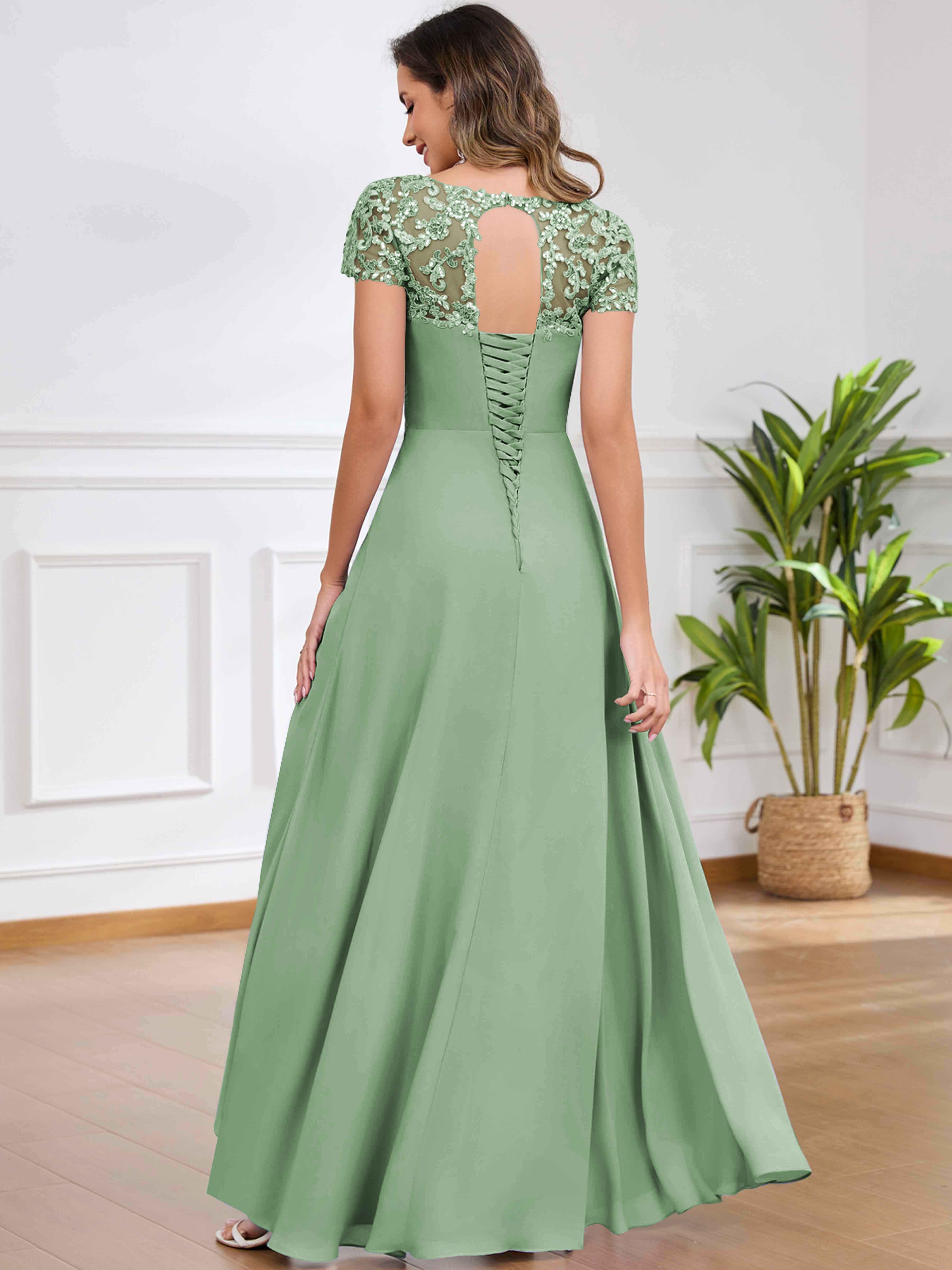 ROVDESY A-Line Pleated Lace Sequin Ruffle Chiffon Mother Of The Bride Dress With Slit