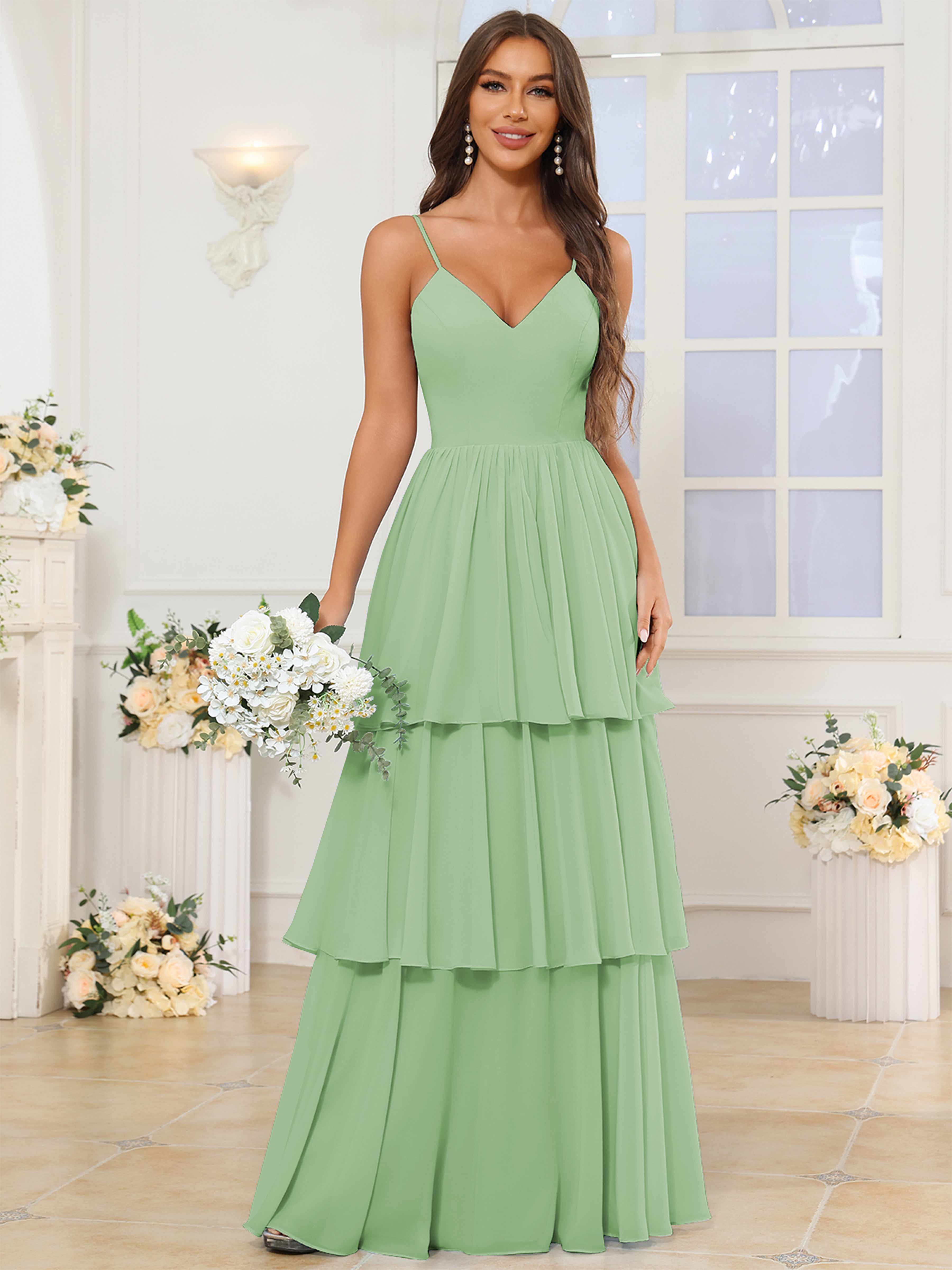 ROVDESY V-Neck Spaghetti Straps Tiered Chiffon Bridesmaid Dress With Ruffles