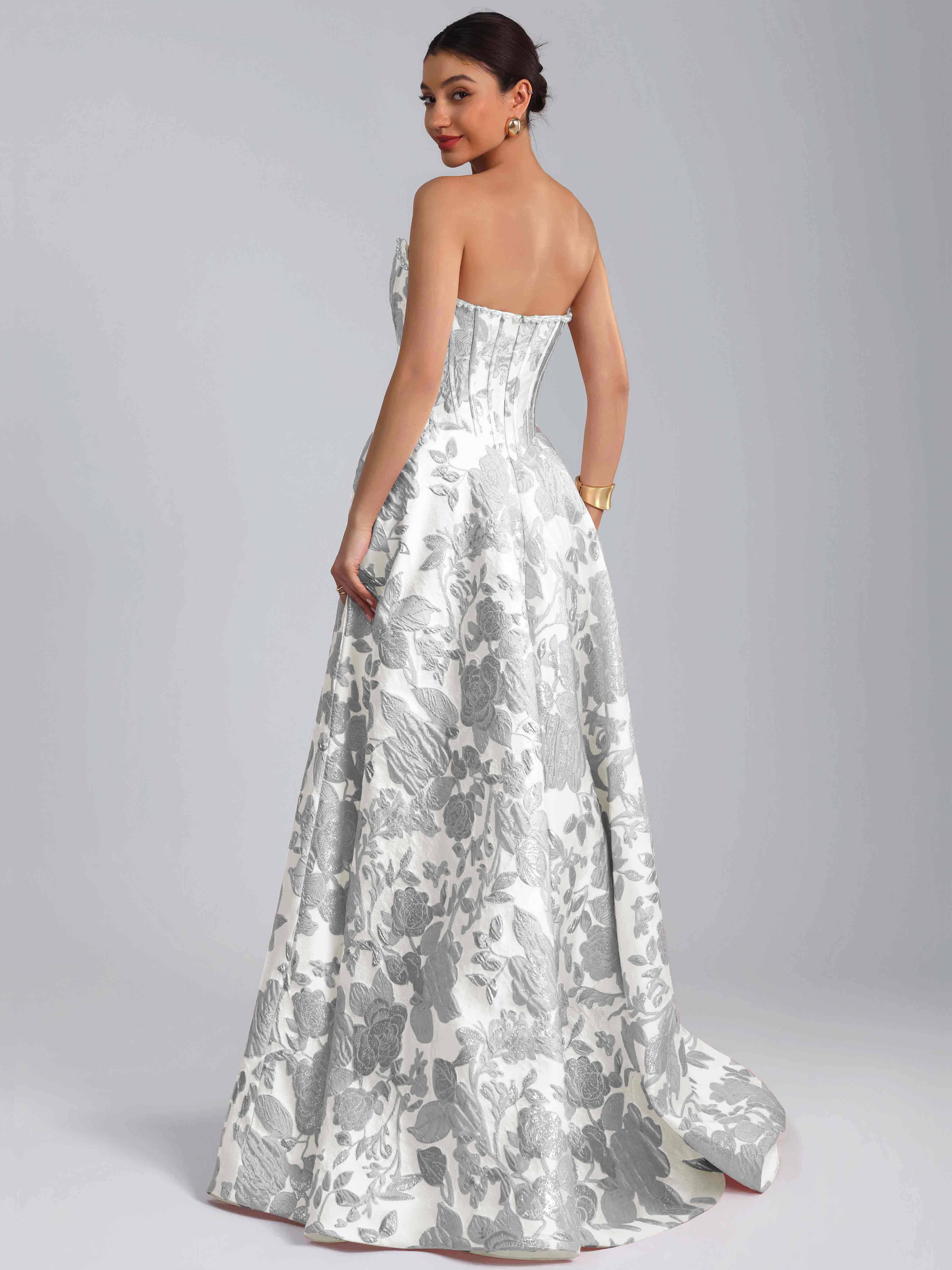 ROVDESY A-Line Strapless Jacquard Satin Prom Dress Long Ball Gown