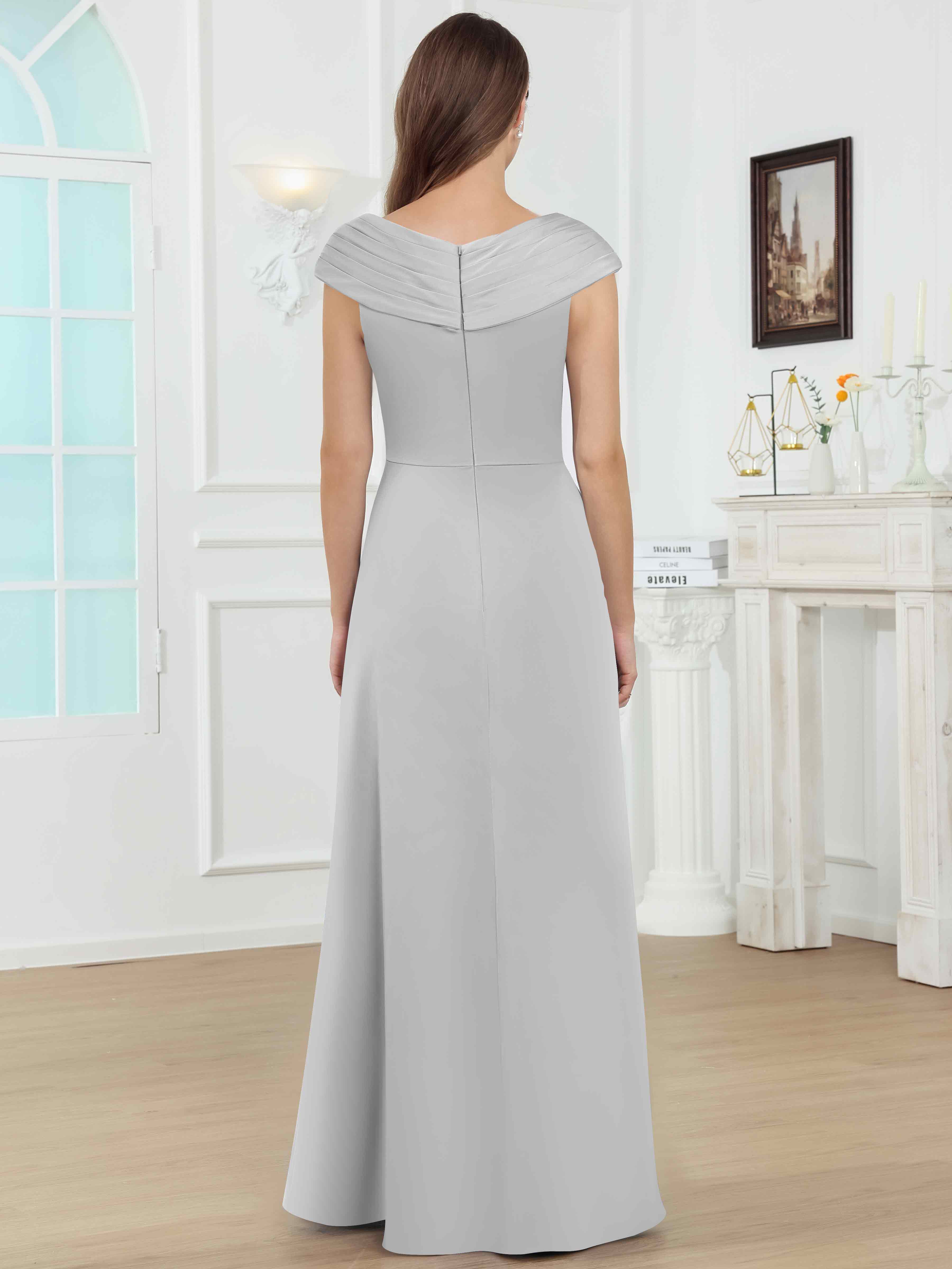 ROVDESY V-Neck Off The Shoulder Pleated Satin Mother Of The Bride Dress With Slit