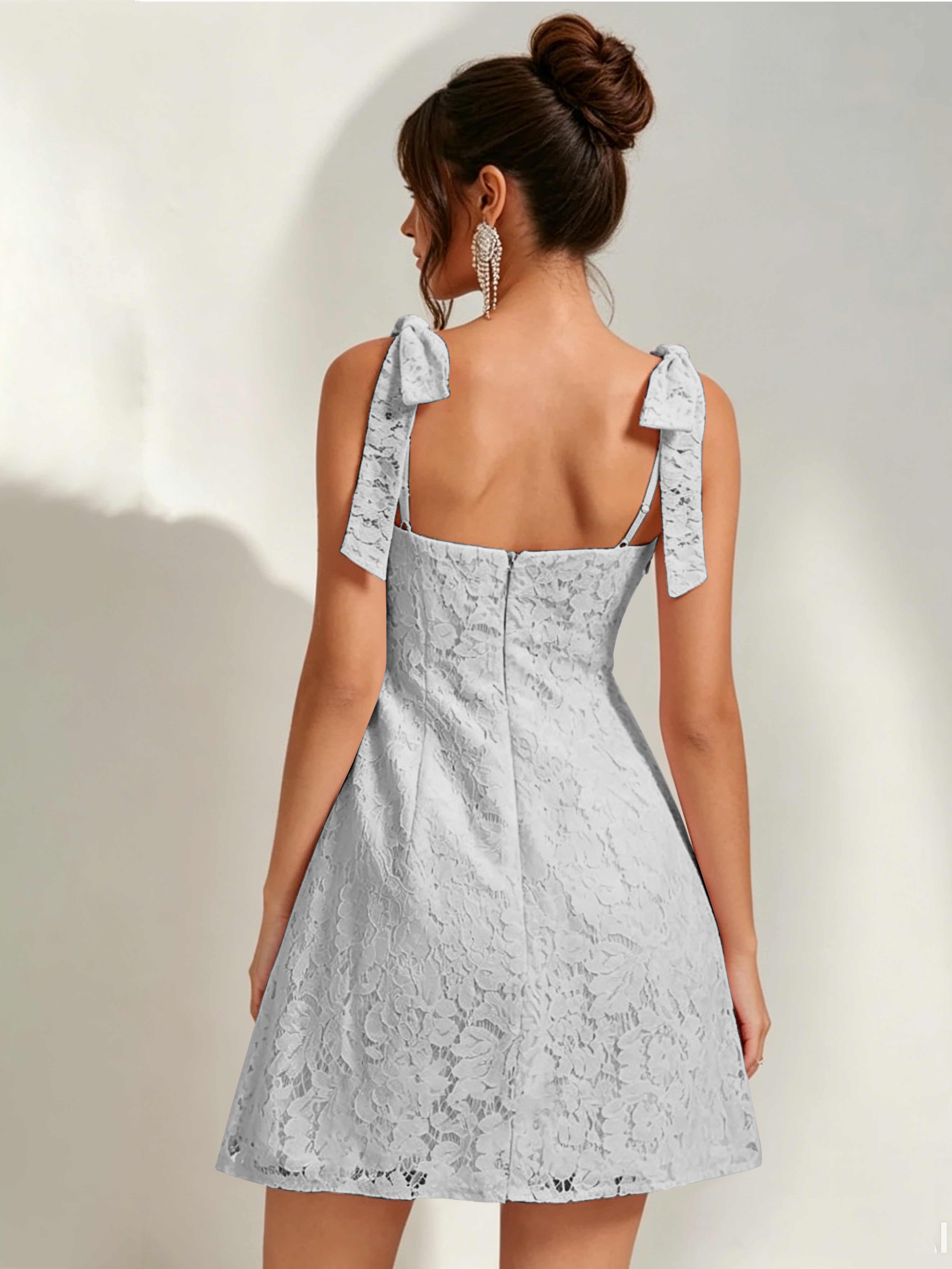 ROVDESY Bow Tie Spaghetti Strap A-Line  Floral Lace Mini Dress