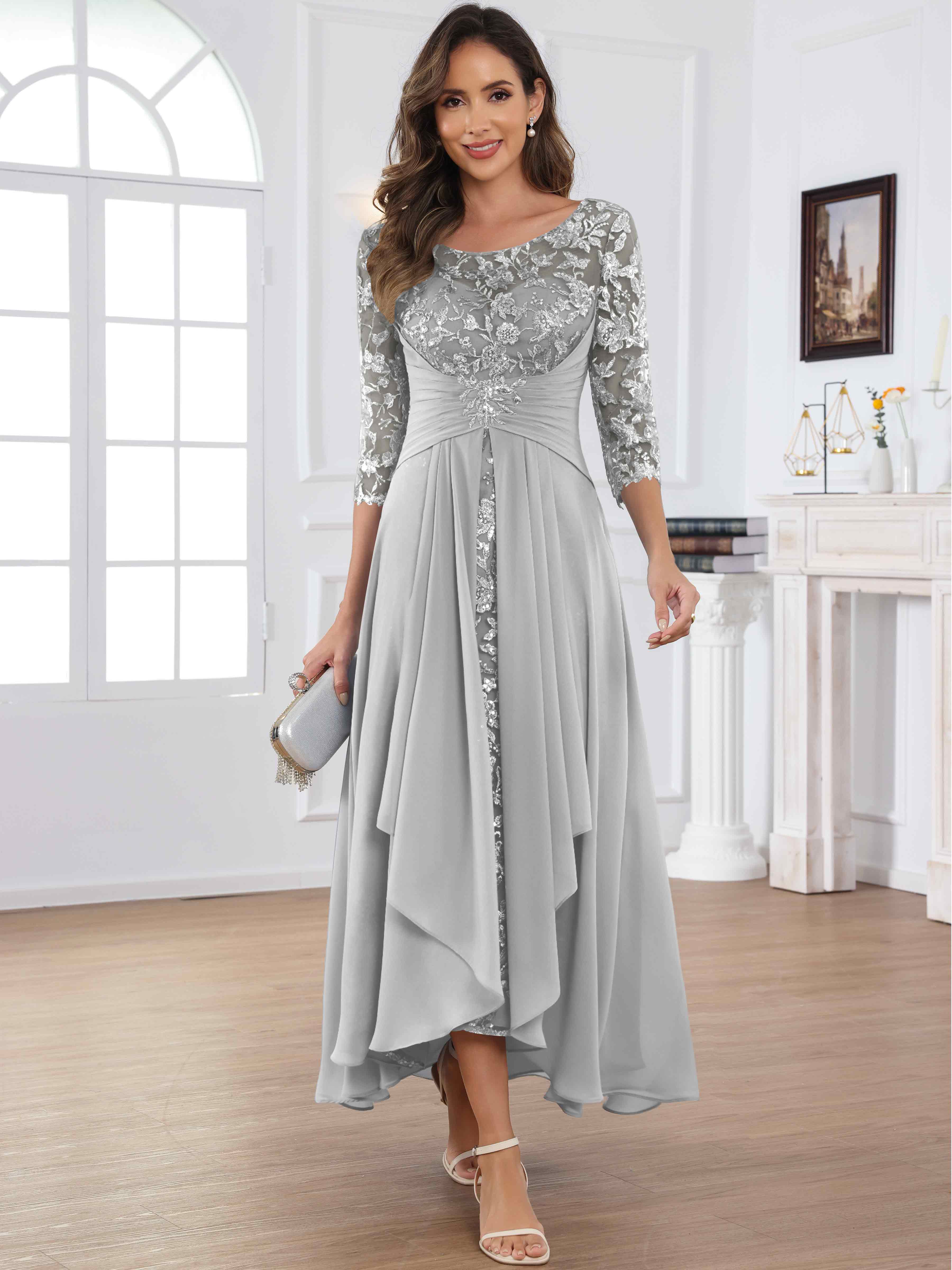 ROVDESY Tea Length Lace Chiffon Mother of The Bride Dress with 3/4 Sleeves