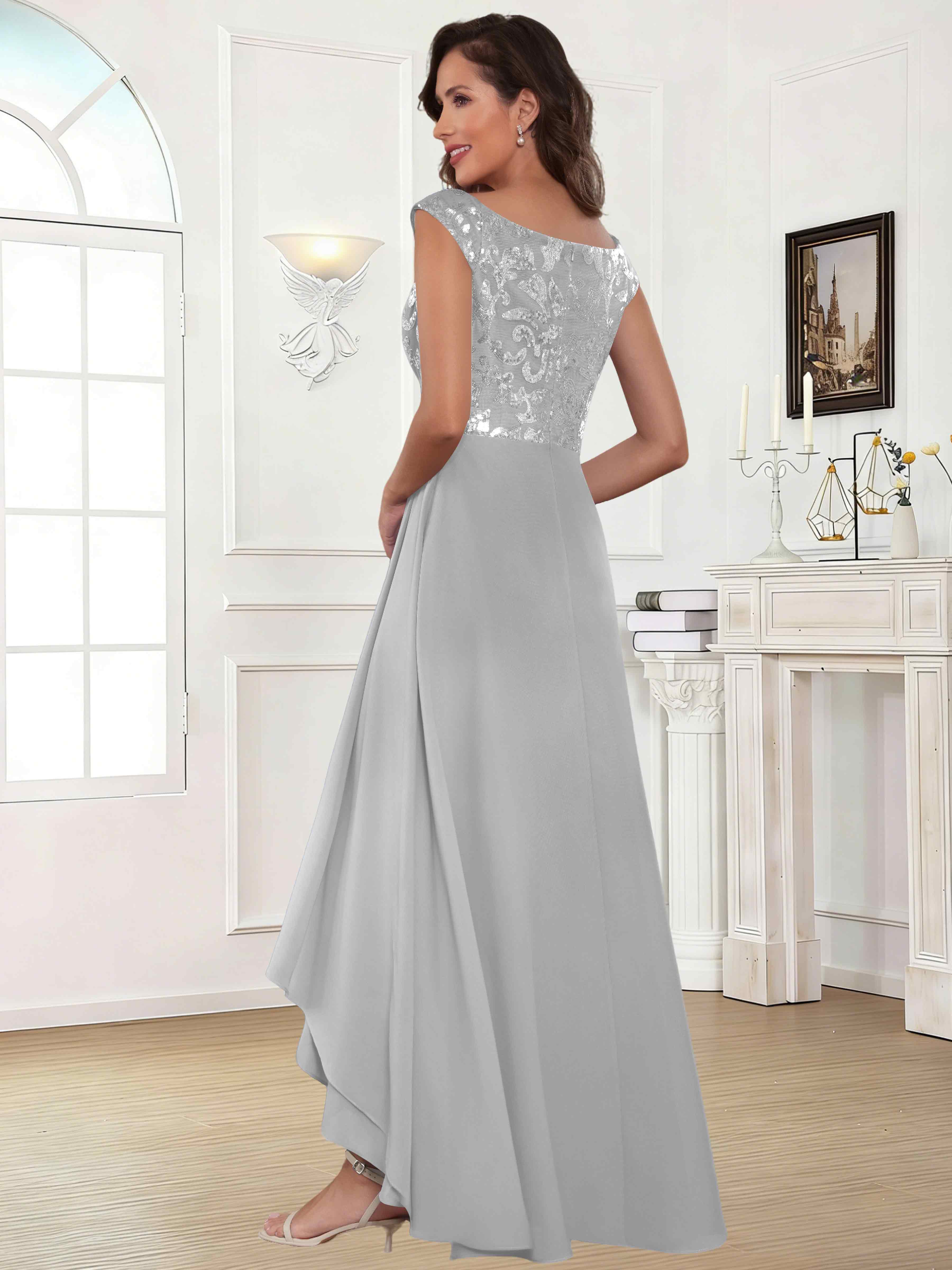ROVDESY Tea Length Off-The-Shoulder Sequin Chiffon Mother Of The Bride Dress