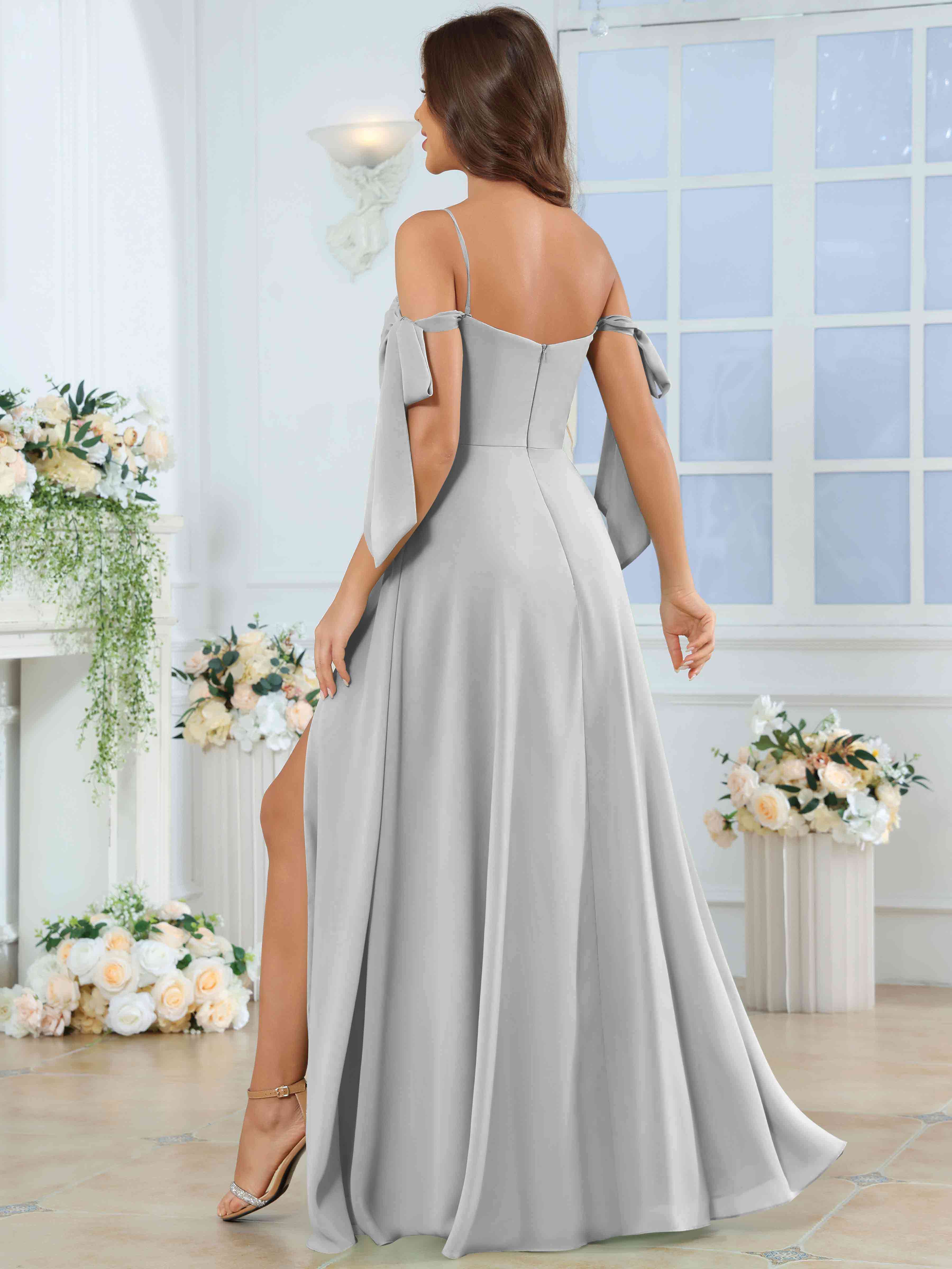 ROVDESY Spaghetti Strap Pleated Ruffle Slit Chiffon Bridesmaid Dress With Bow Sleeves