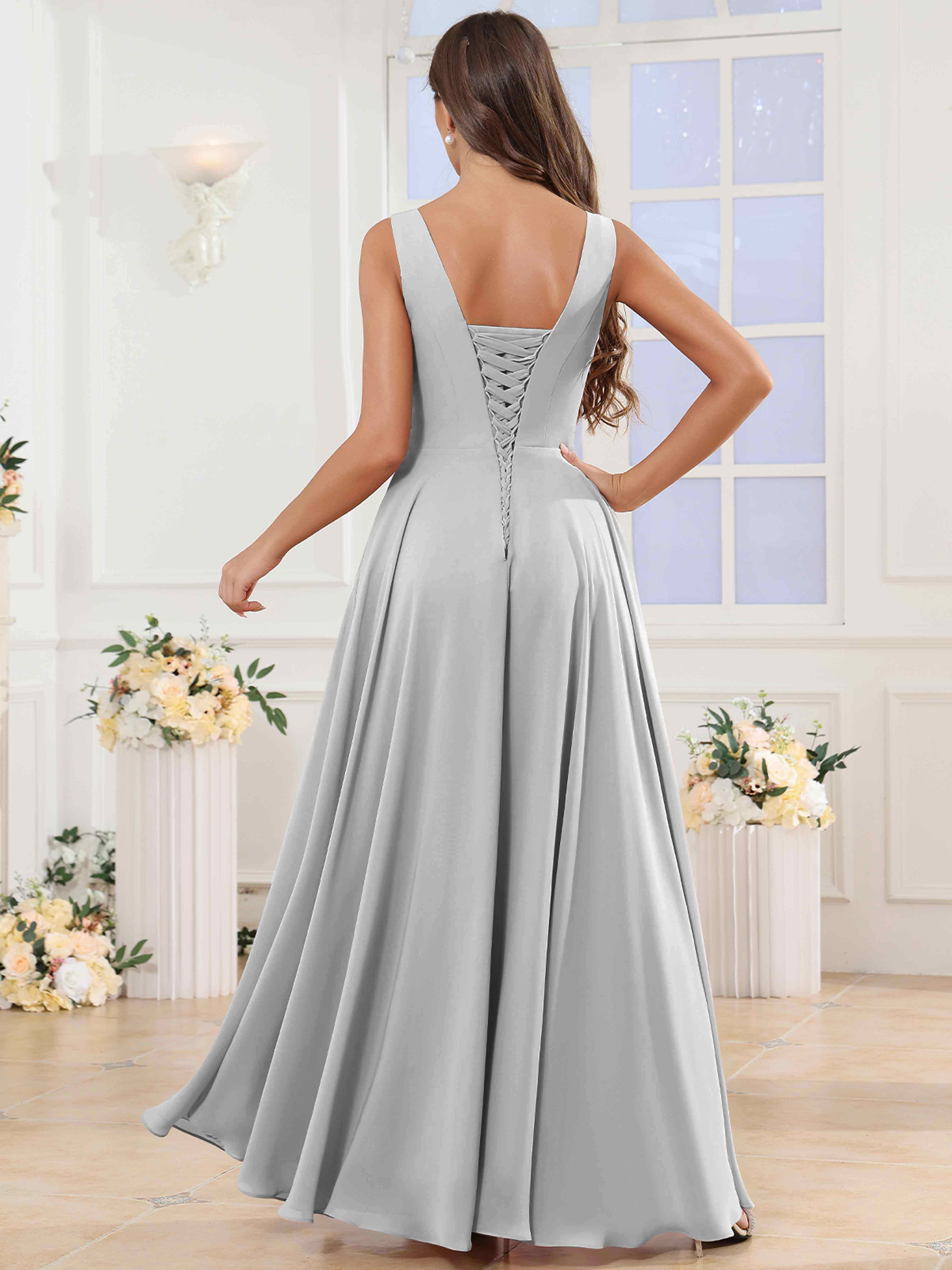 ROVDESY V-Neck Pleated Sleeveless Ruffle Chiffon Bridesmaid Dress With Slit