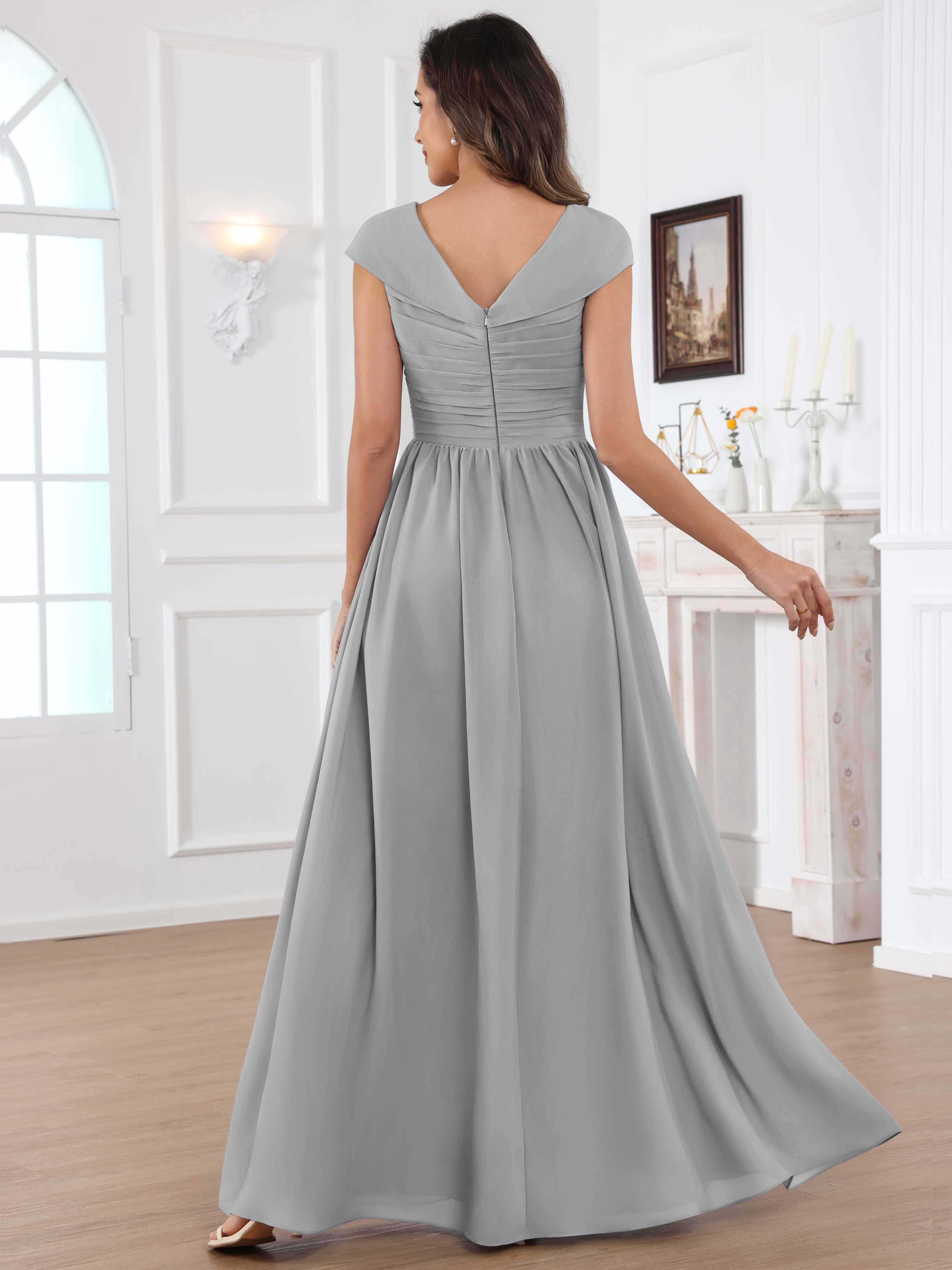 ROVDESY A-Line Cap Sleeves Pleated Chiffon Mother Of The Bride Dress