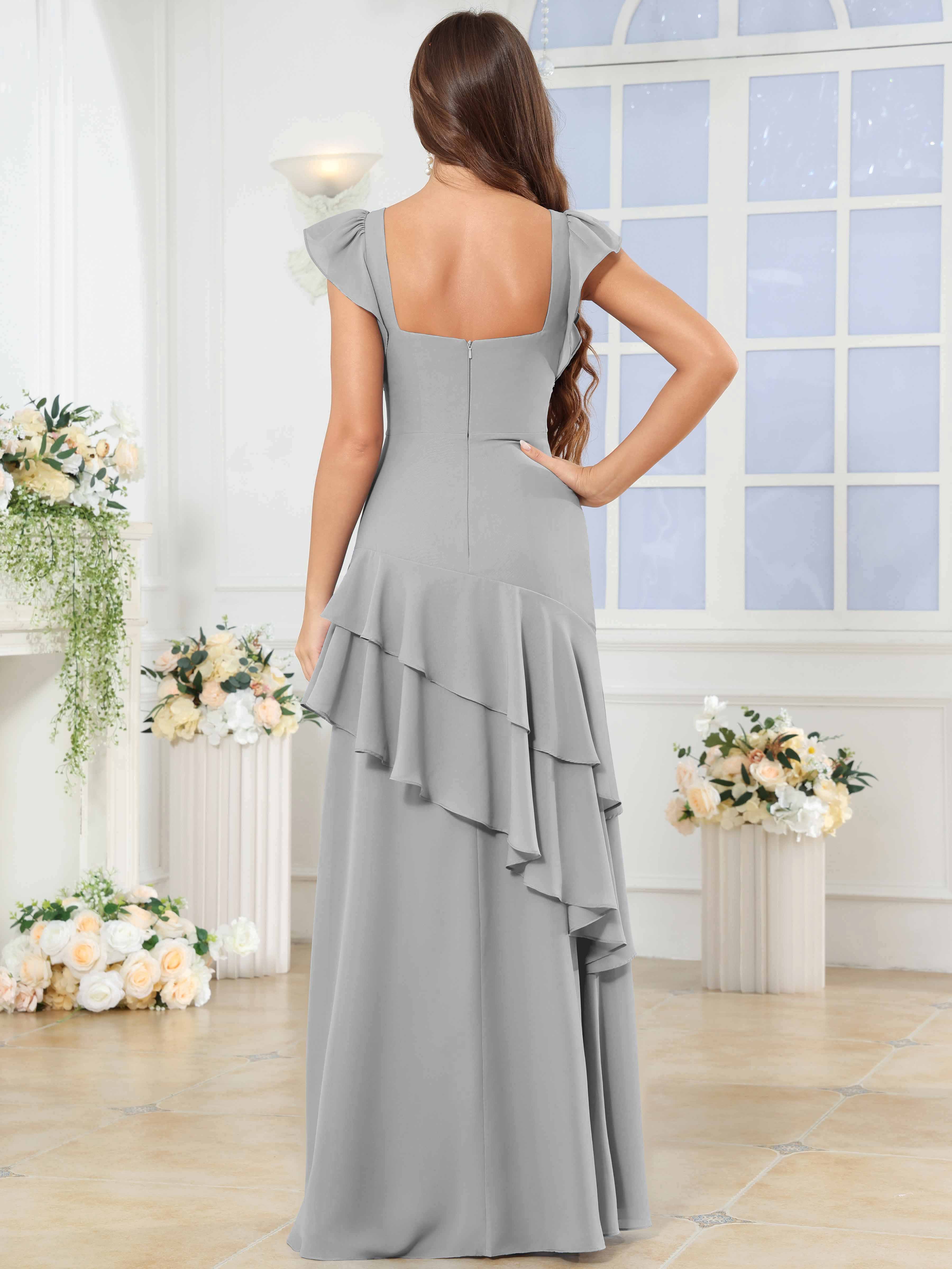 ROVDESY Sweetheart Tiered Ruffle Chiffon Bridesmaid Dress With Short Sleeves