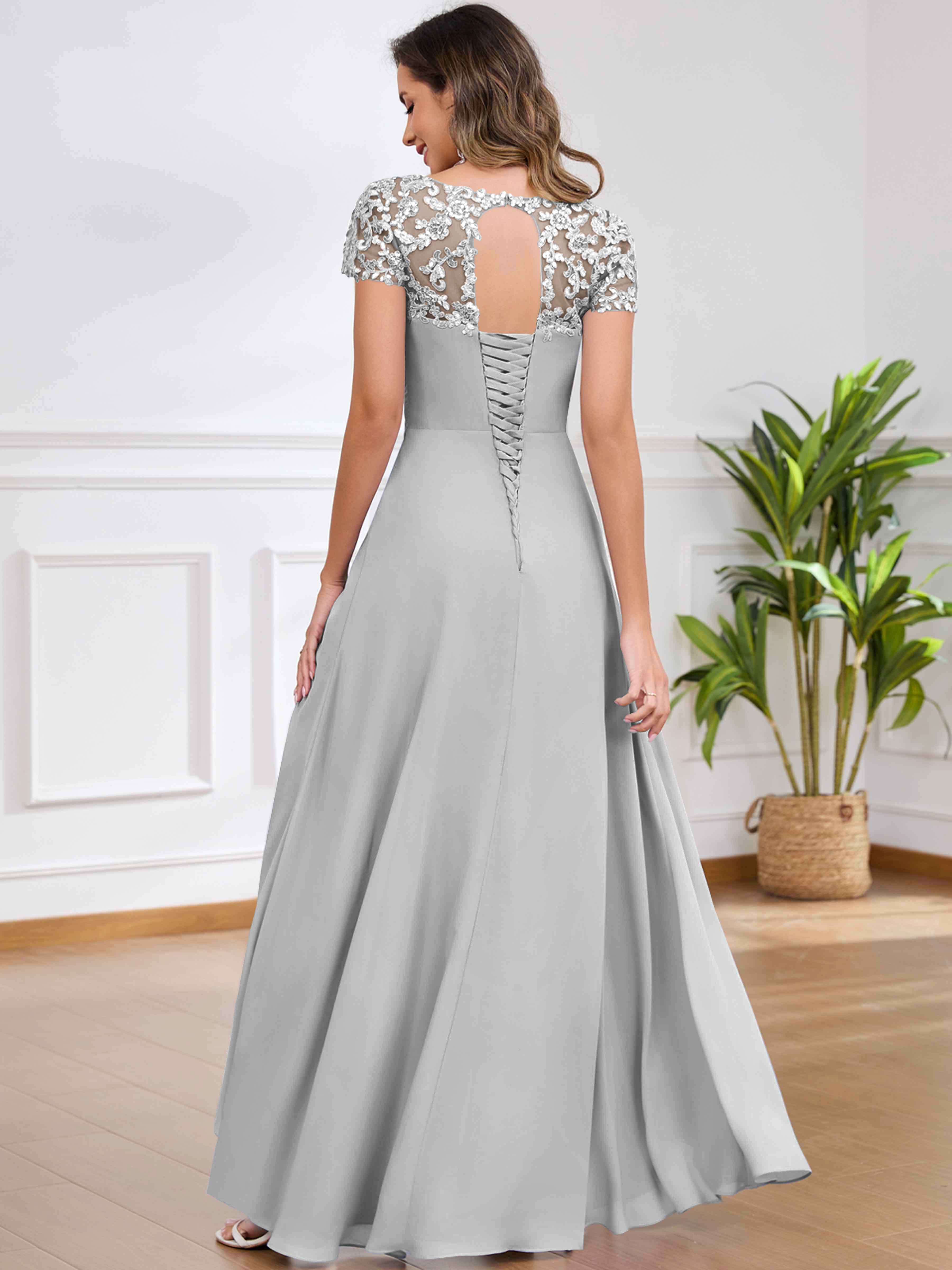 ROVDESY A-Line Pleated Lace Sequin Ruffle Chiffon Mother Of The Bride Dress With Slit