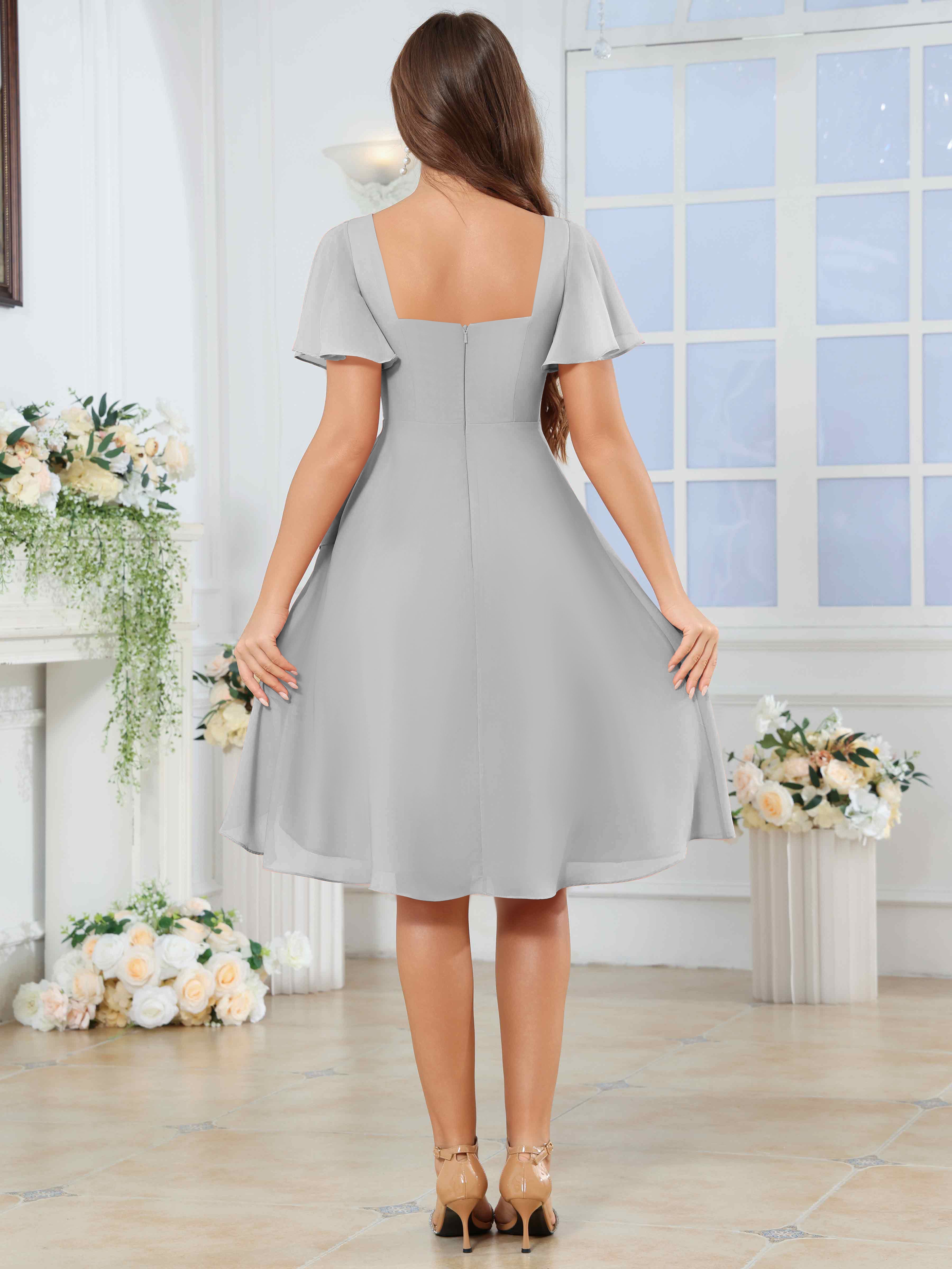 ROVDESY Knee Length V-Neck Pleated Chiffon Bridesmaid Dress With Short Sleeves