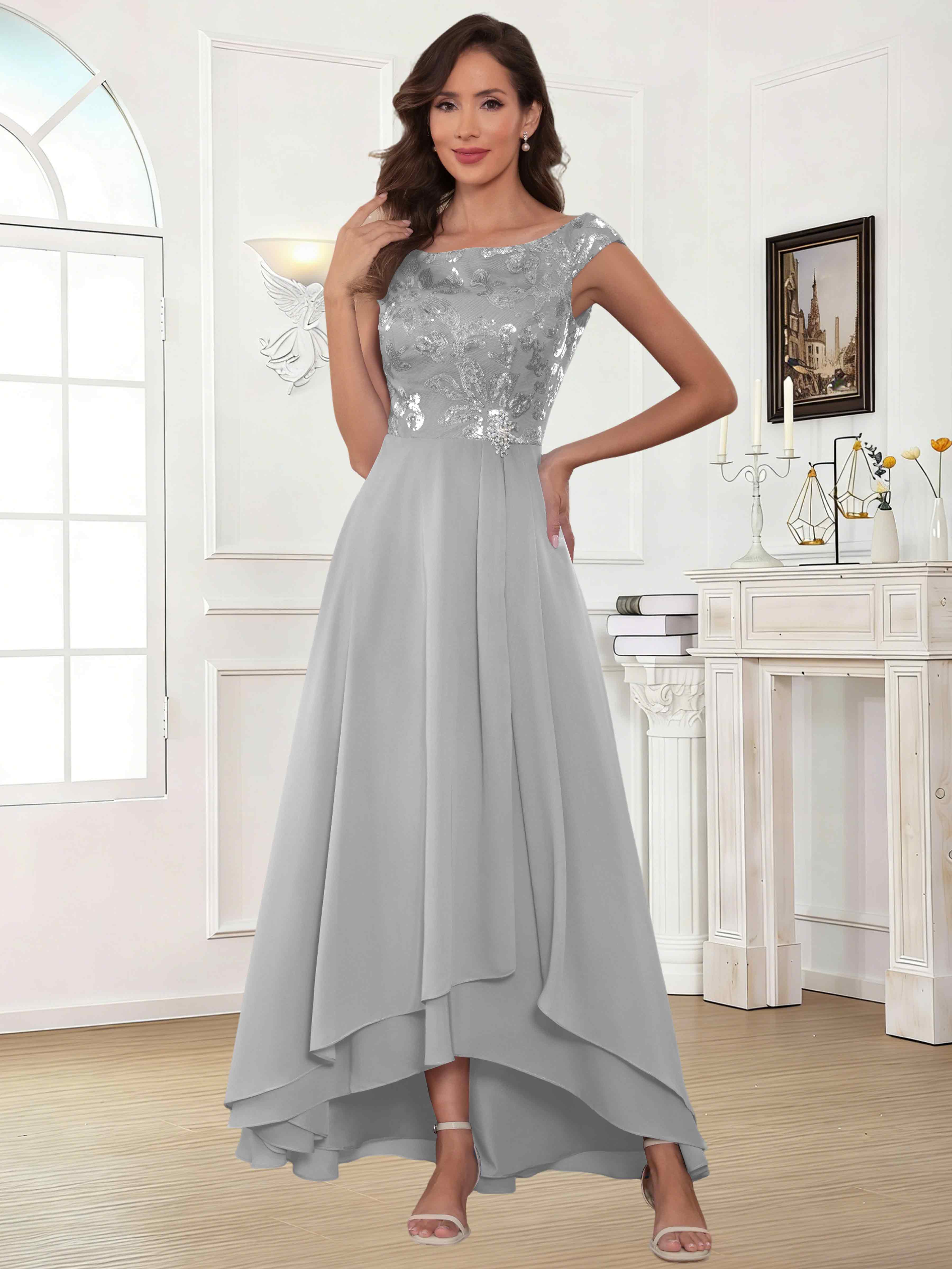 ROVDESY Tea Length Off-The-Shoulder Sequin Chiffon Mother Of The Bride Dress