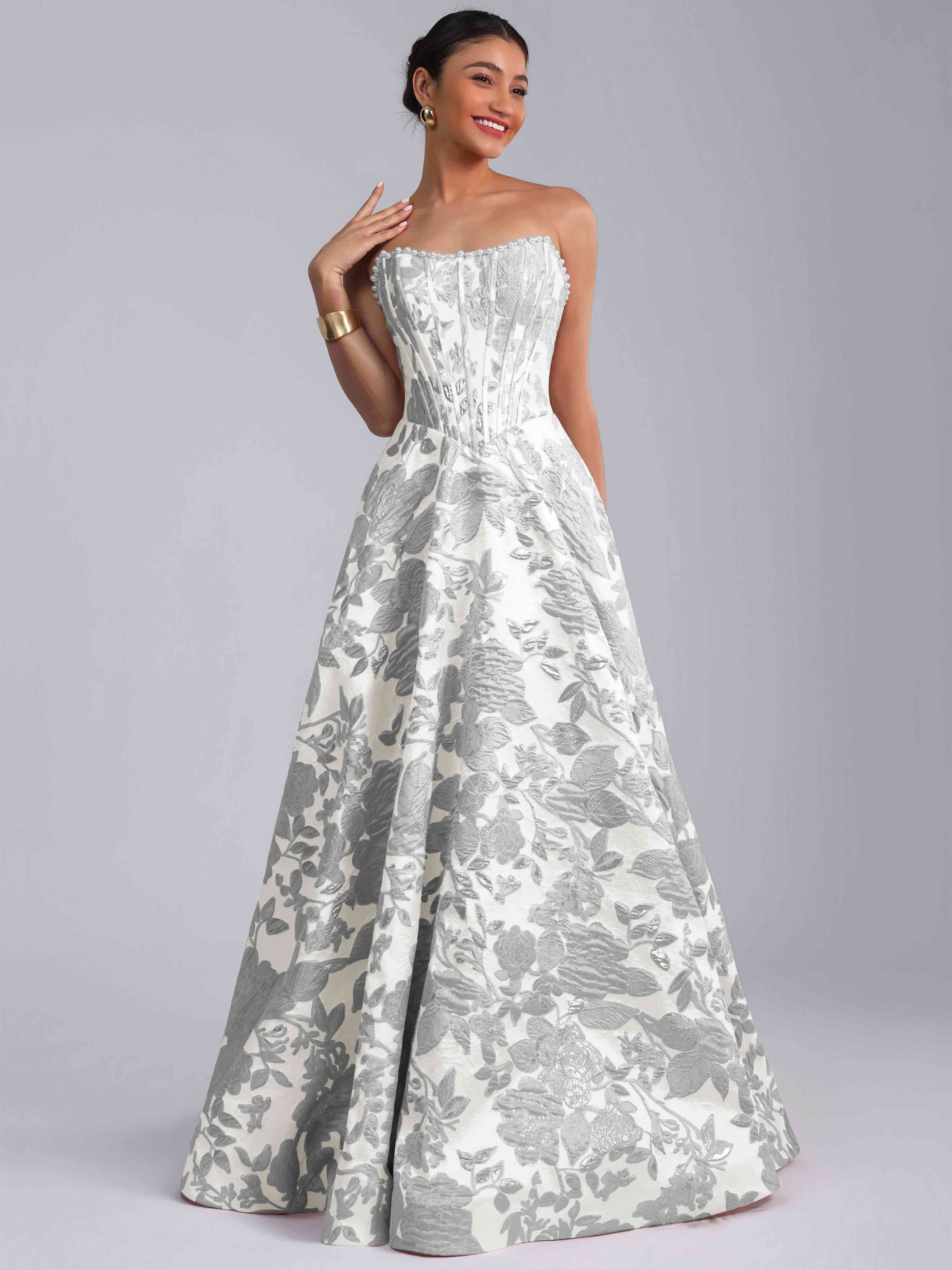 ROVDESY A-Line Strapless Jacquard Satin Prom Dress Long Ball Gown