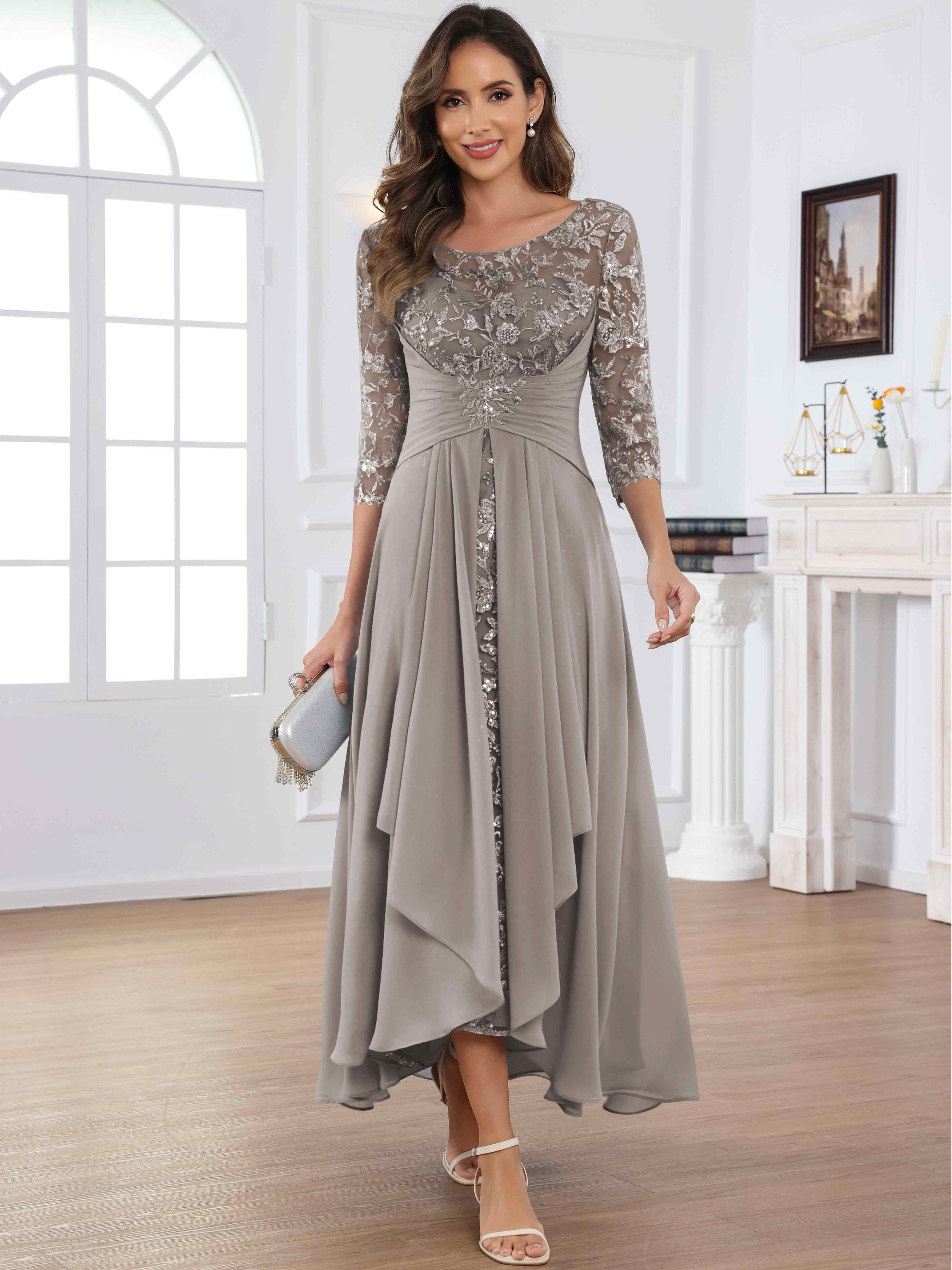 ROVDESY Tea Length Lace Chiffon Mother of The Bride Dress with 3/4 Sleeves