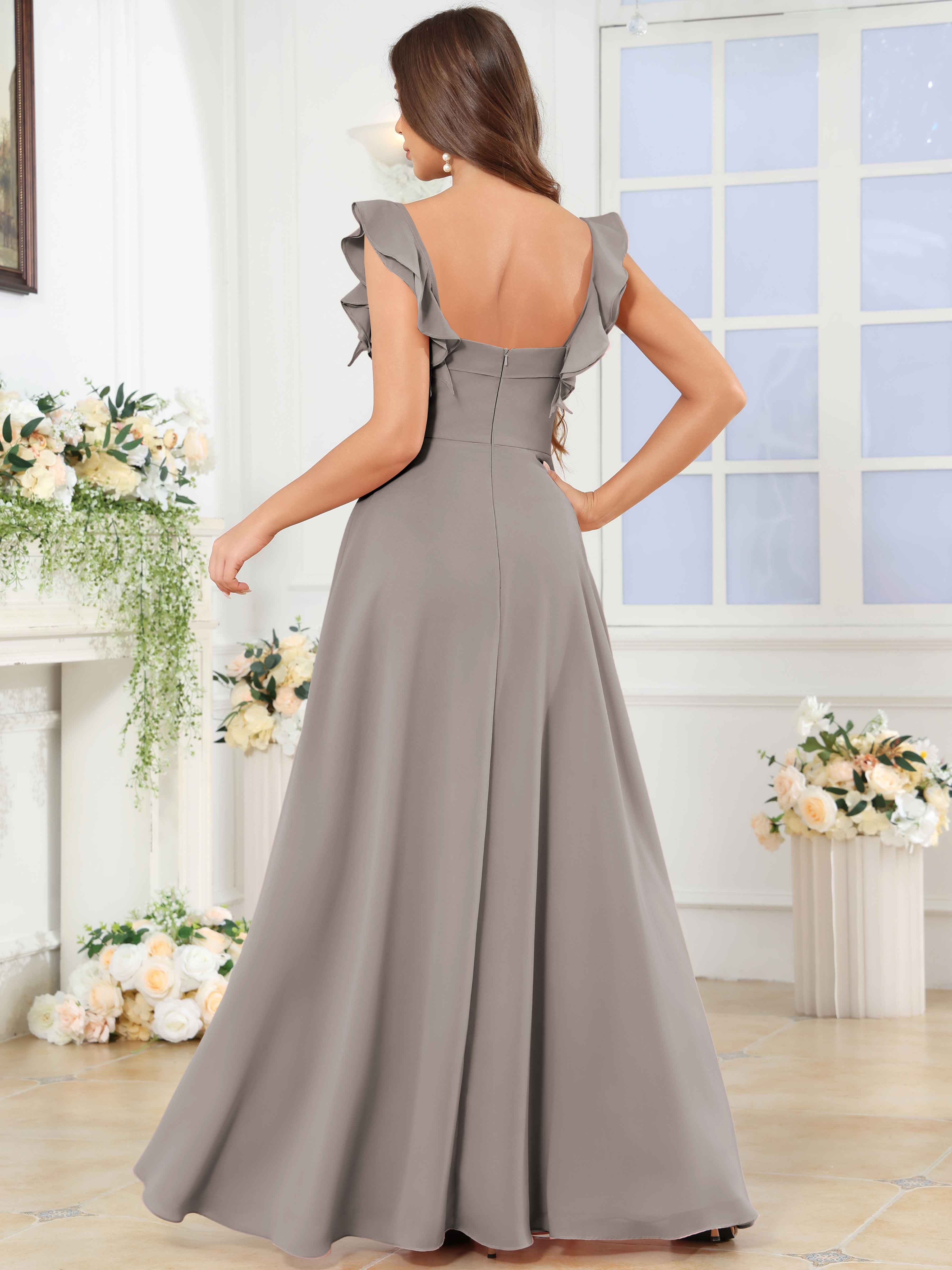 ROVDESY Square Neck Ruffle Chffion Bridesmaid Dress With Slit