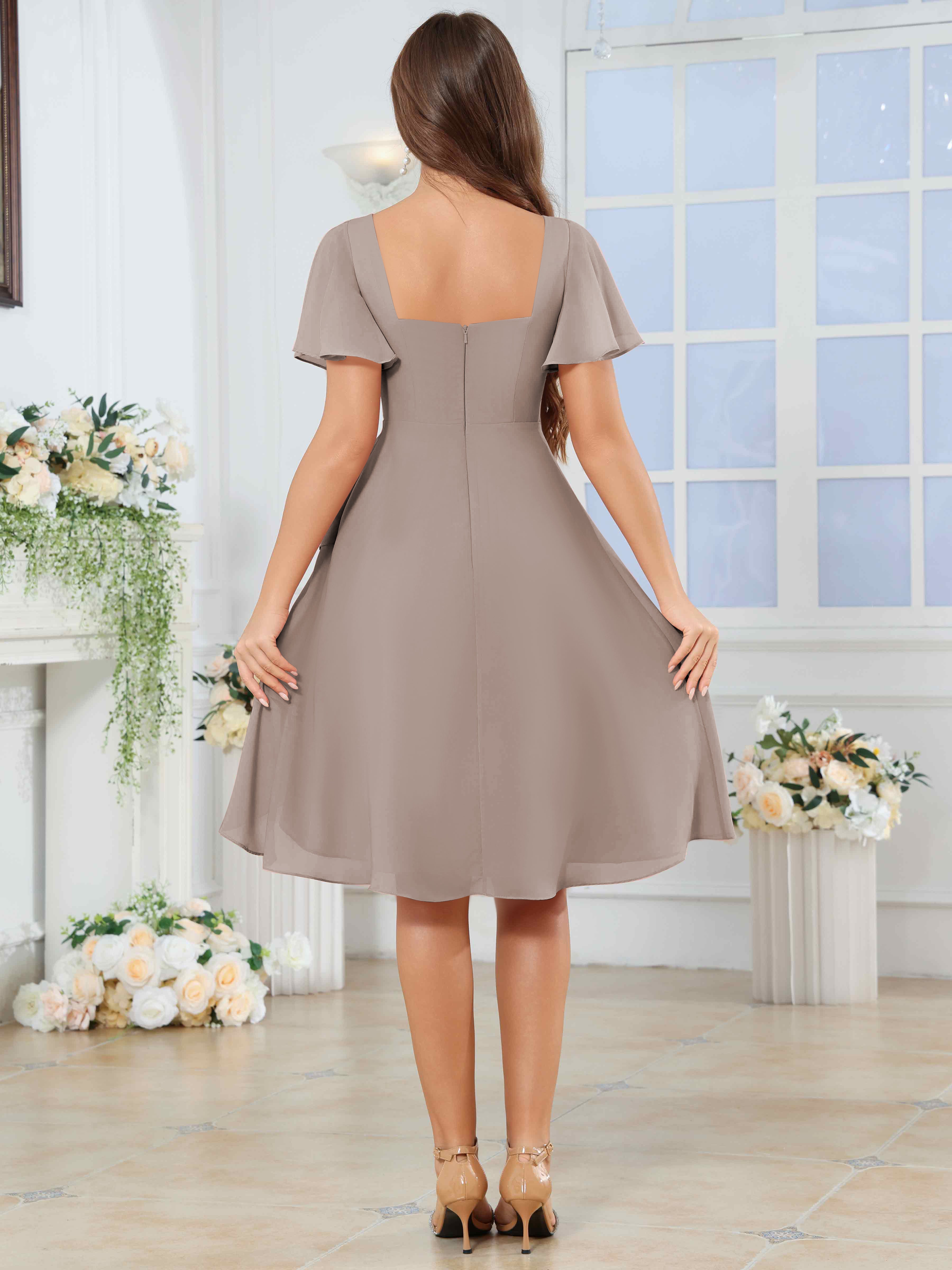 ROVDESY Knee Length V-Neck Pleated Chiffon Bridesmaid Dress With Short Sleeves