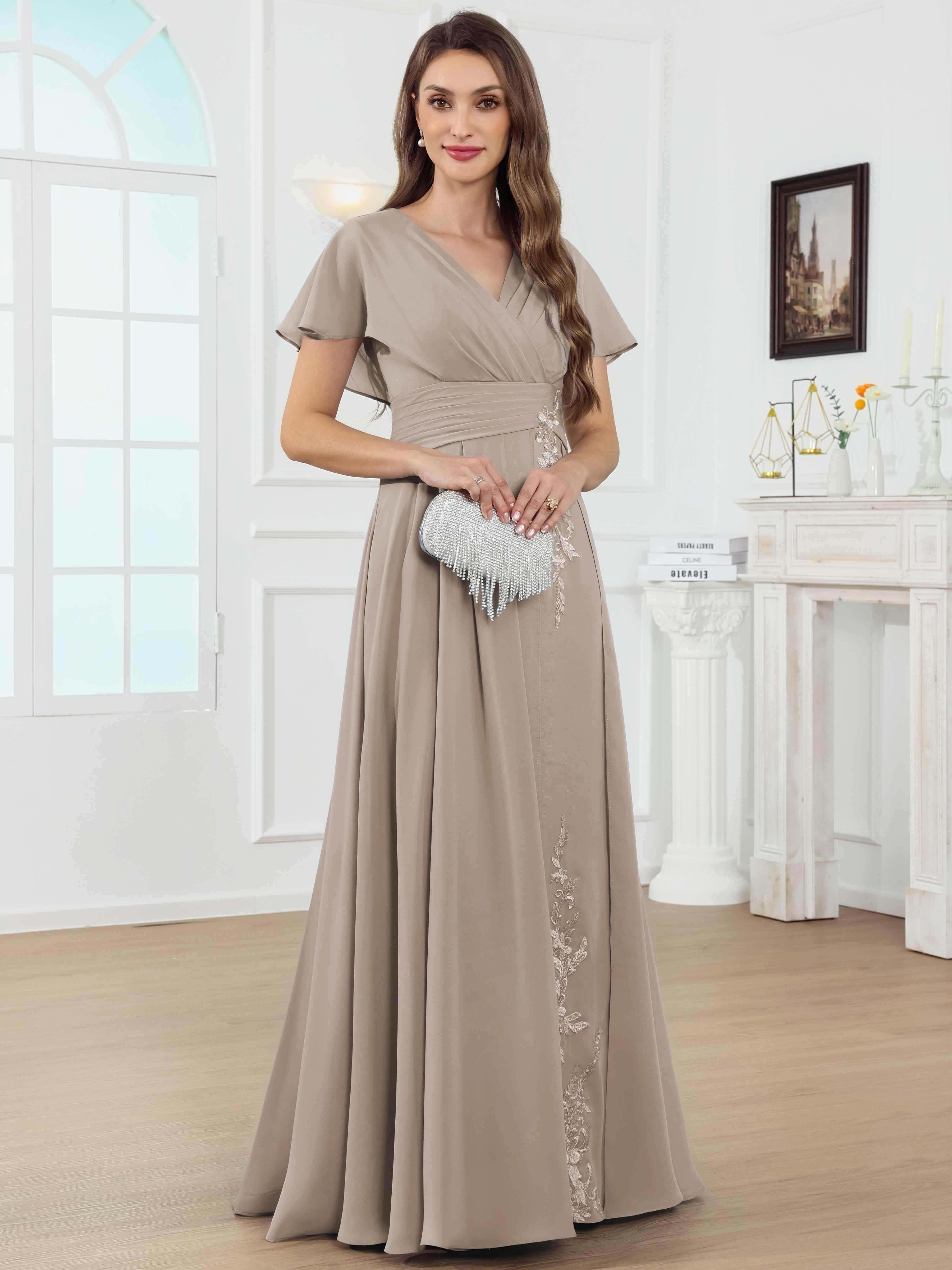 ROVDESY A-Line V-Neck Pleated Lace Chiffon Mother Of The Bride Dress With Short Sleeves