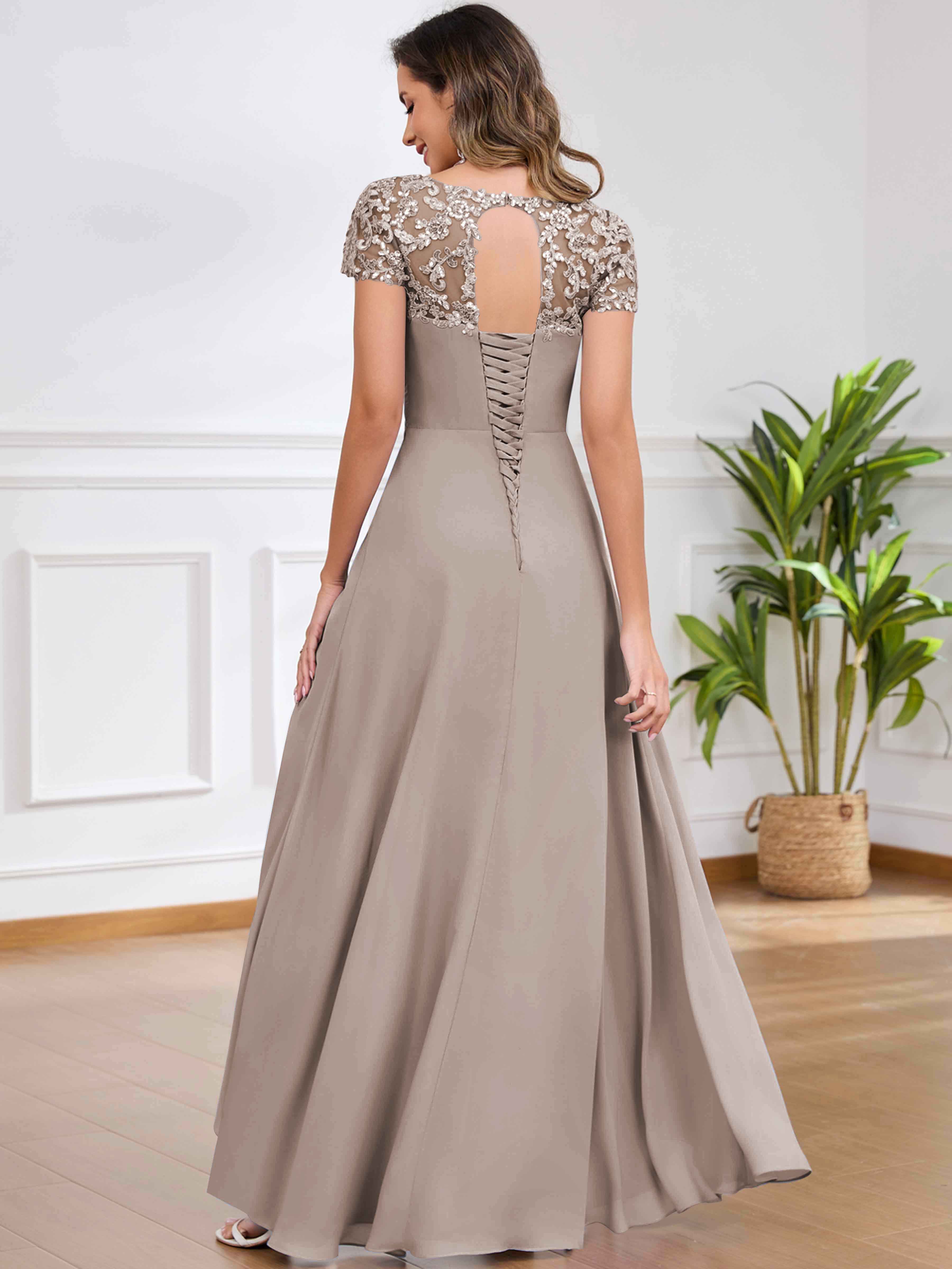 ROVDESY A-Line Pleated Lace Sequin Ruffle Chiffon Mother Of The Bride Dress With Slit