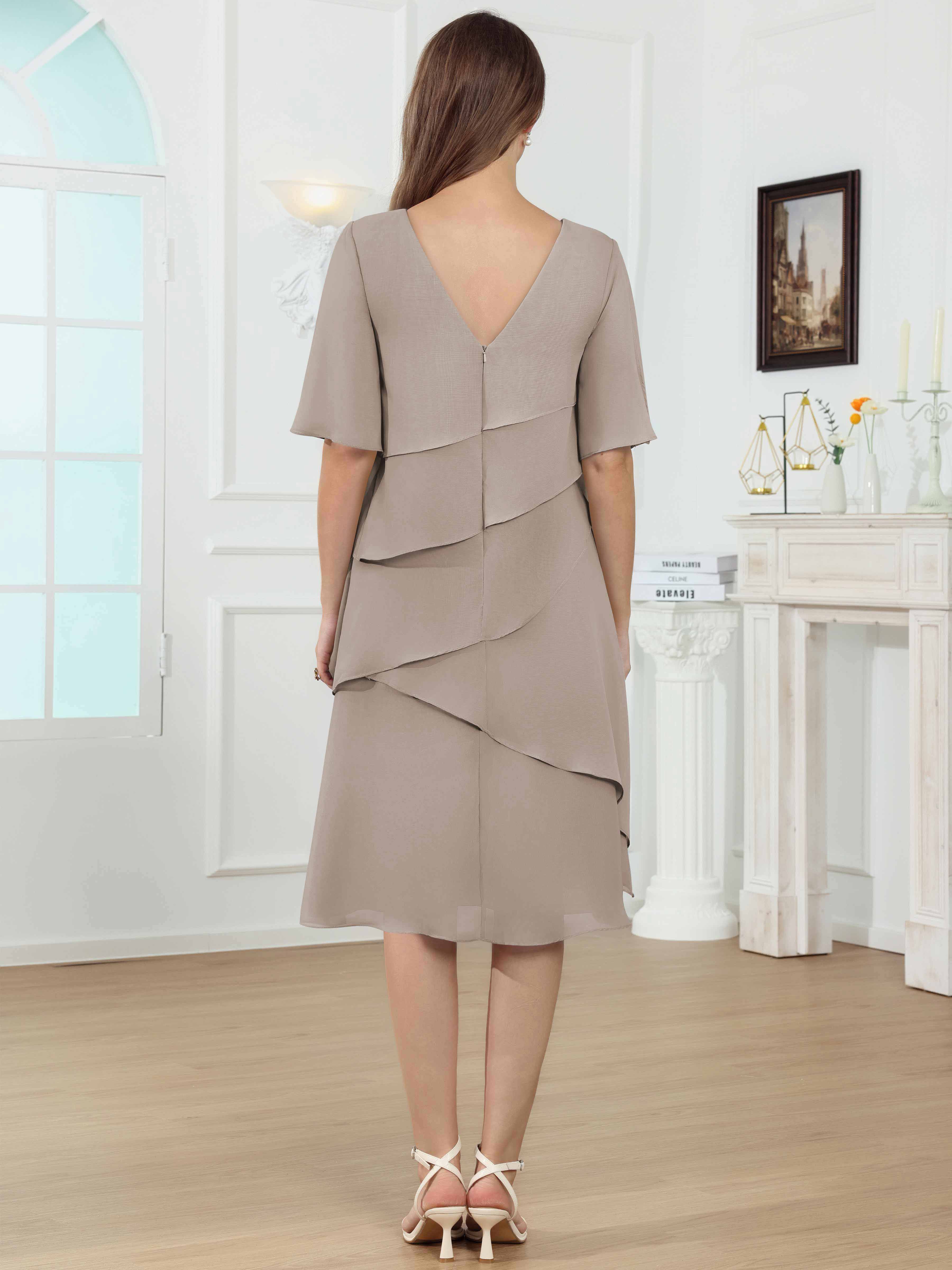 ROVDESY Knee Length Tiered Ruffle Chiffon Mother Of The Bride Dress With Half Sleeves