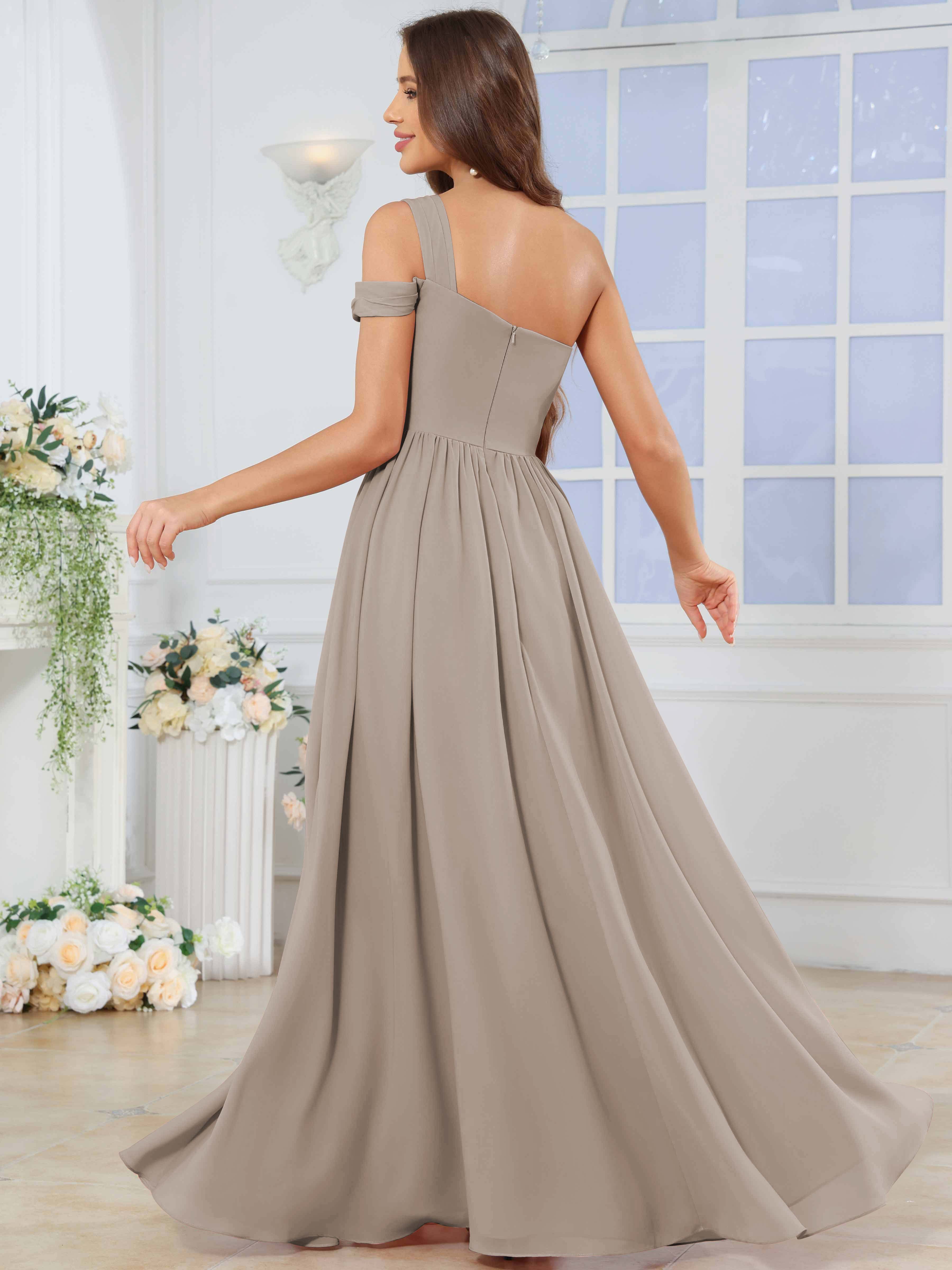 ROVDESY One Shoulder Pleated Chiffon Bridesmaid Dress With Slit