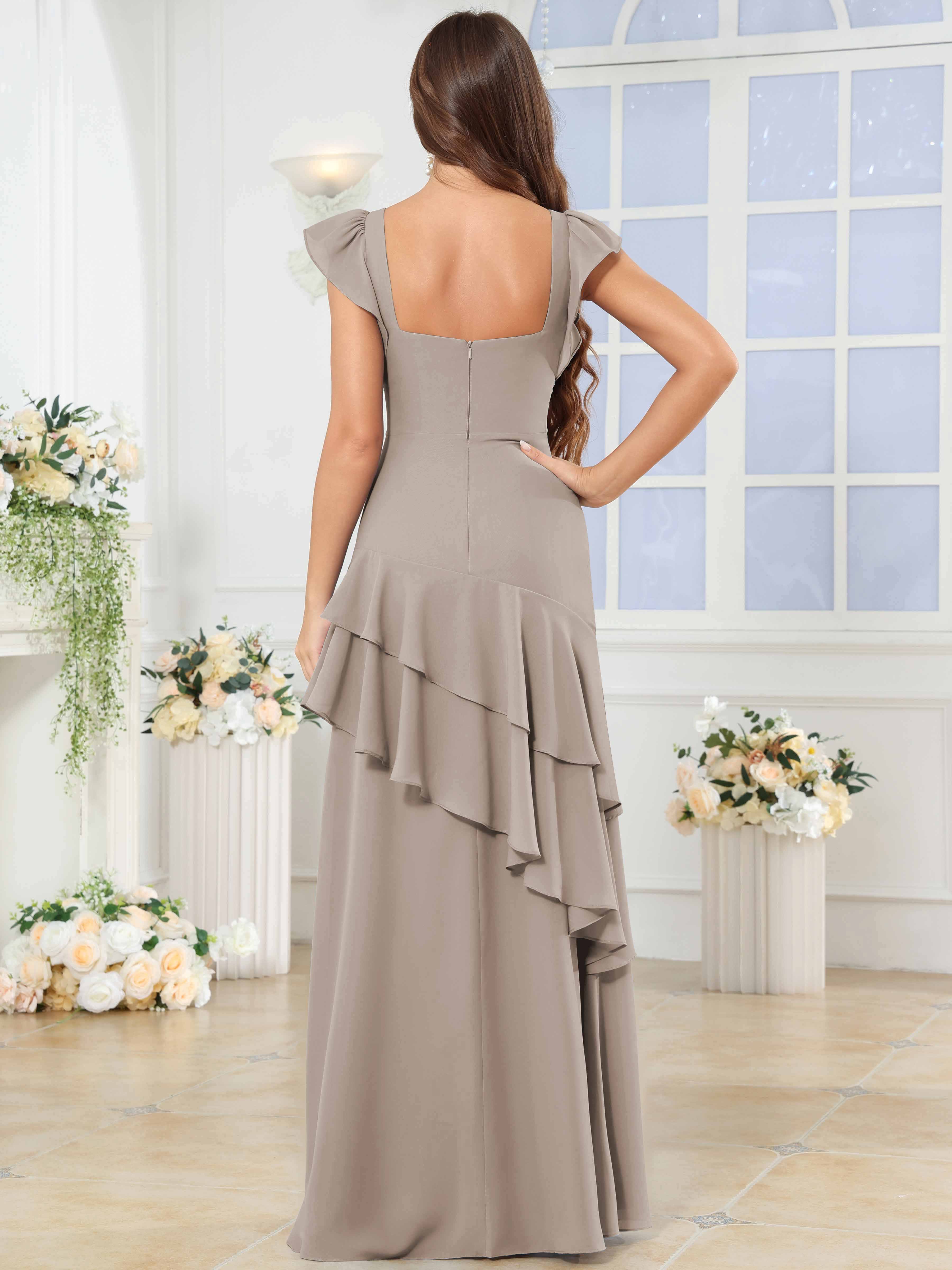 ROVDESY Sweetheart Tiered Ruffle Chiffon Bridesmaid Dress With Short Sleeves