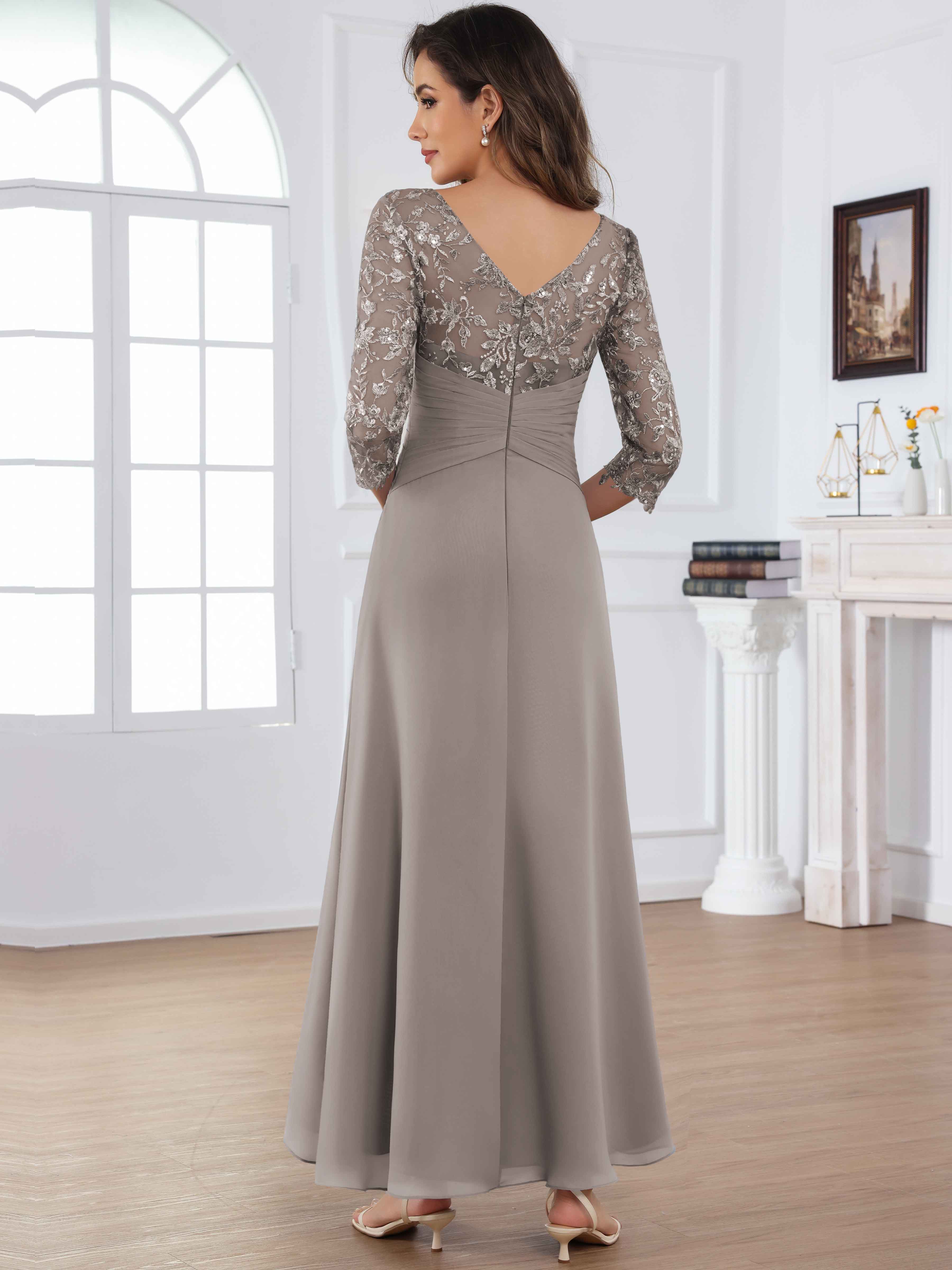 ROVDESY Tea Length Lace Chiffon Mother of The Bride Dress with 3/4 Sleeves