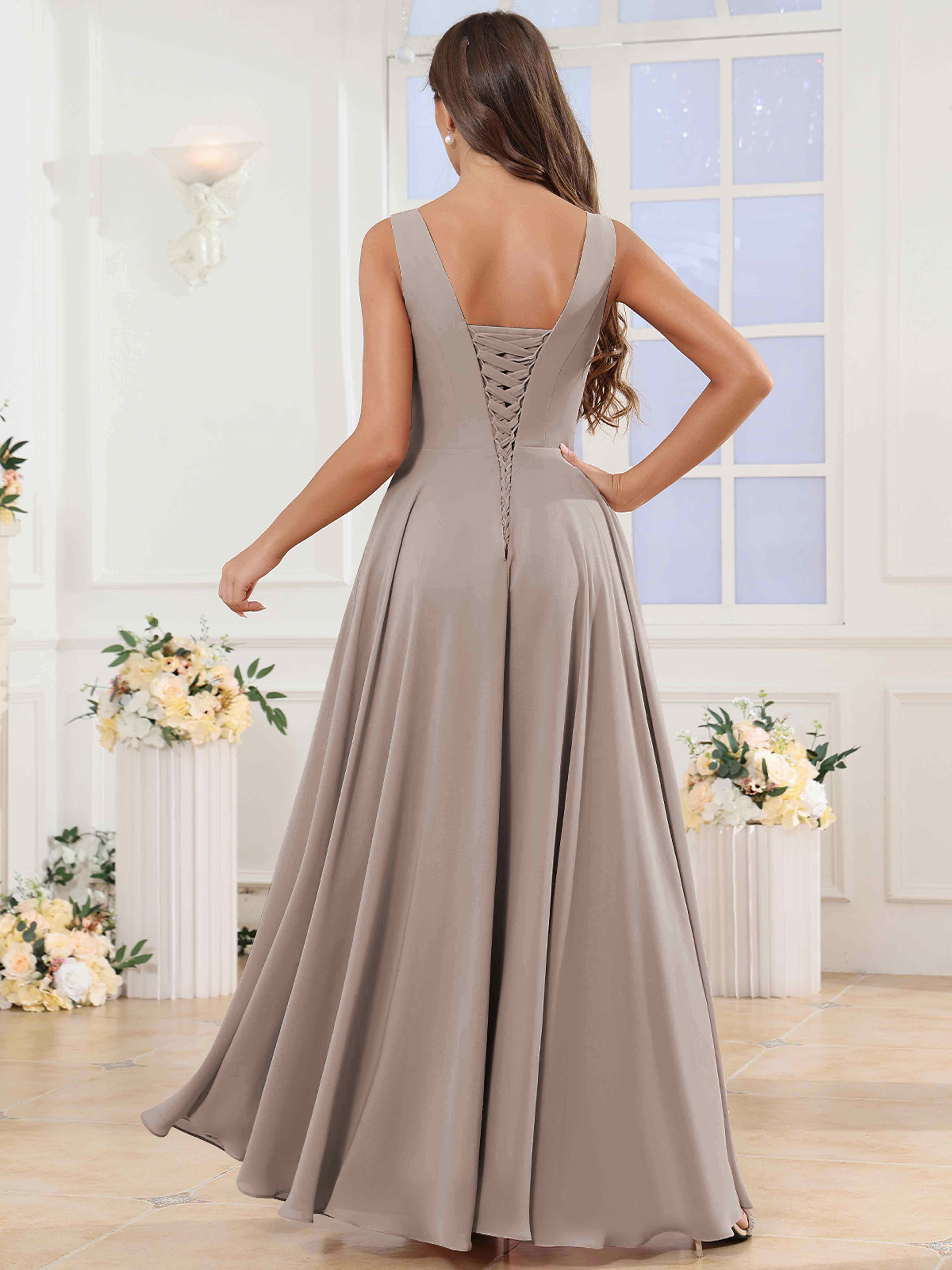 ROVDESY V-Neck Pleated Sleeveless Ruffle Chiffon Bridesmaid Dress With Slit