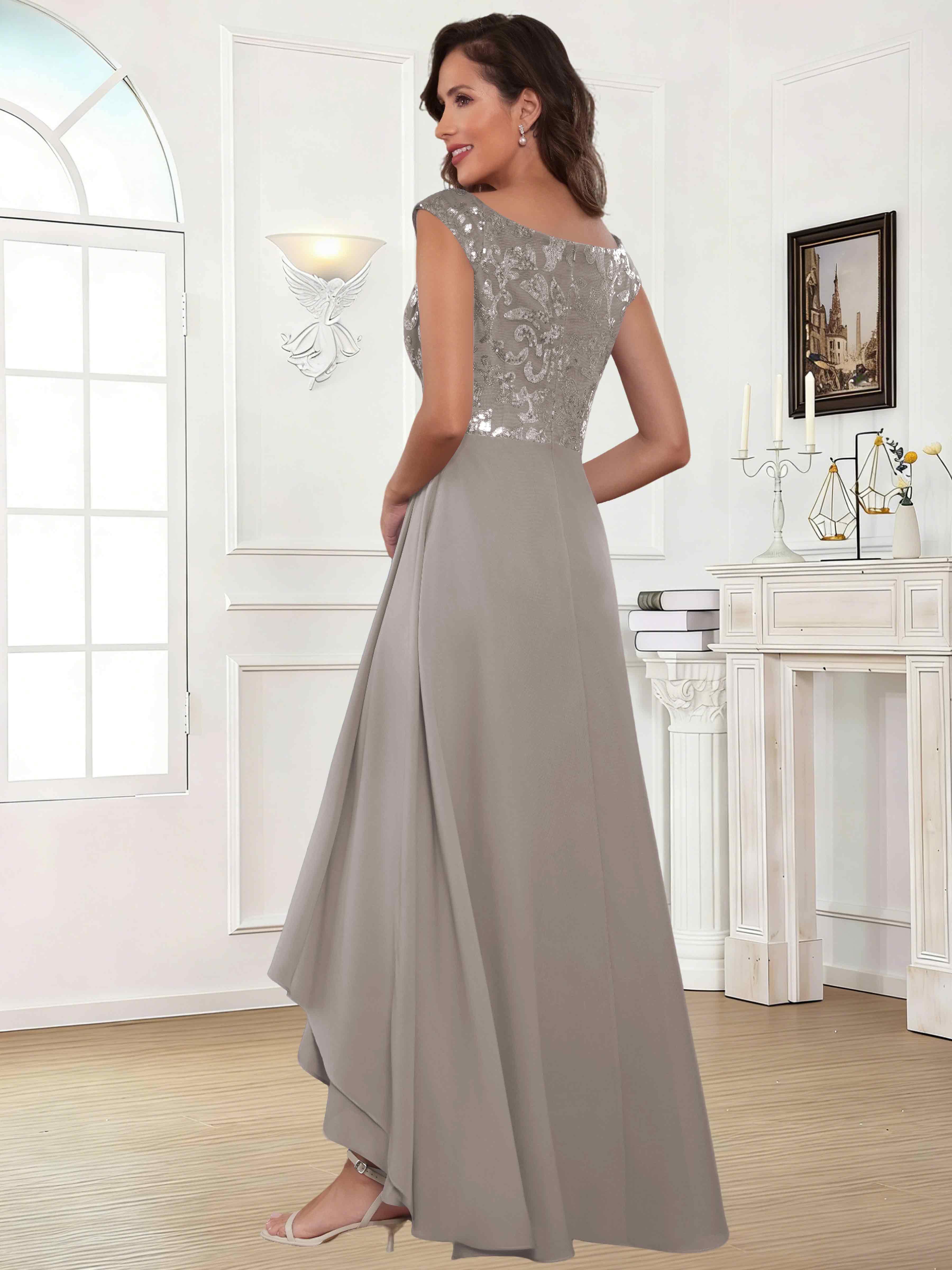 ROVDESY Tea Length Off-The-Shoulder Sequin Chiffon Mother Of The Bride Dress