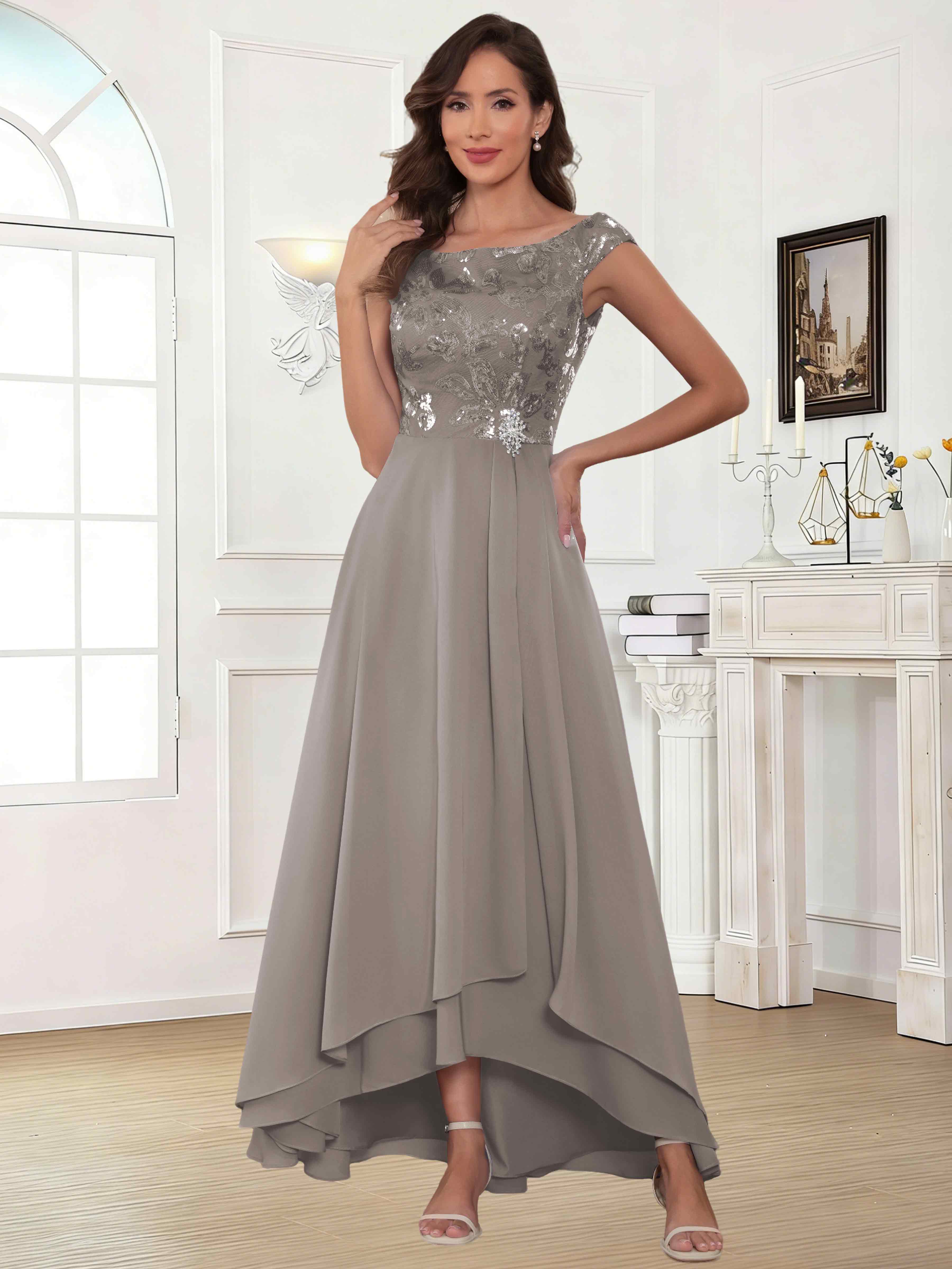 ROVDESY Tea Length Off-The-Shoulder Sequin Chiffon Mother Of The Bride Dress