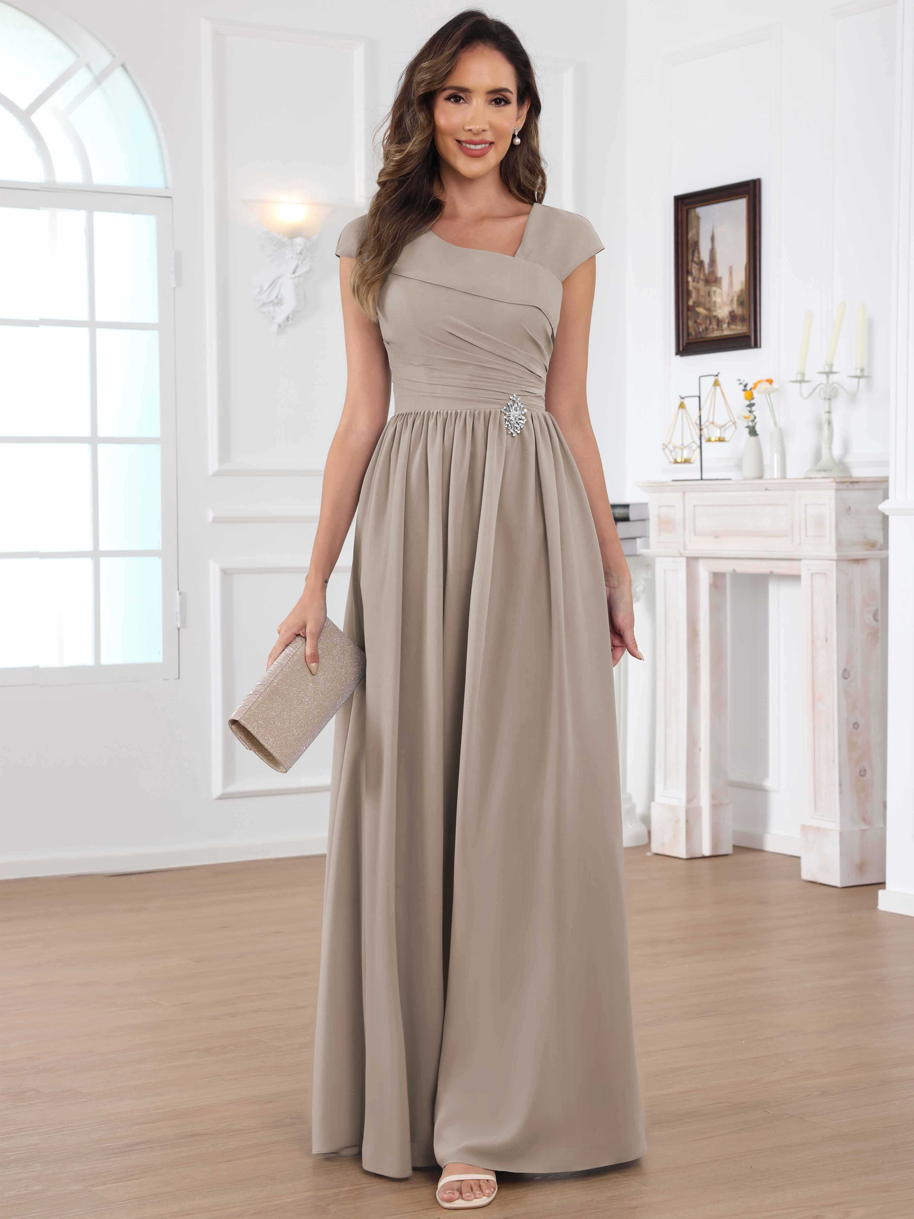 ROVDESY A-Line Cap Sleeves Pleated Chiffon Mother Of The Bride Dress