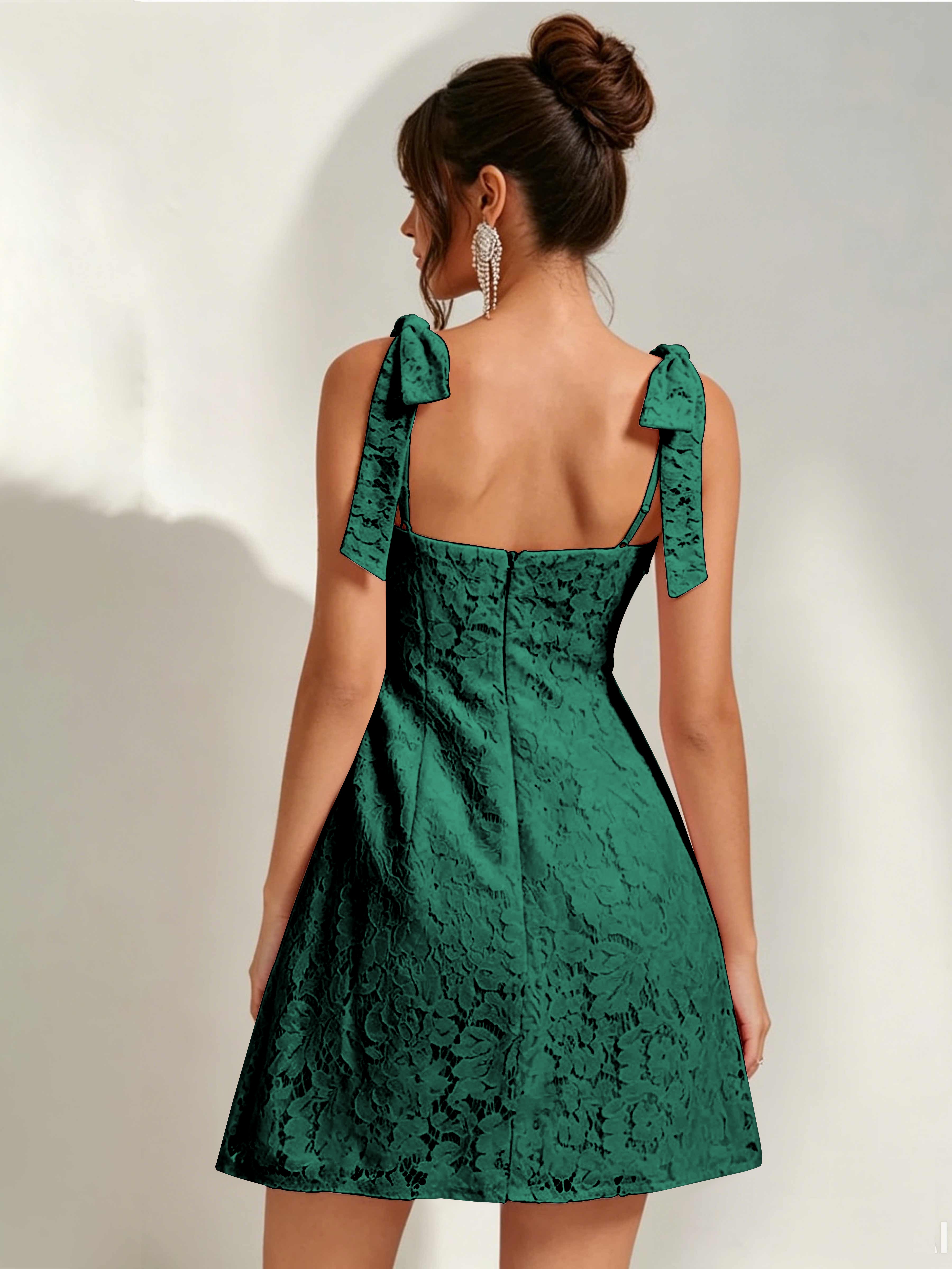 ROVDESY Bow Tie Spaghetti Strap A-Line  Floral Lace Mini Dress