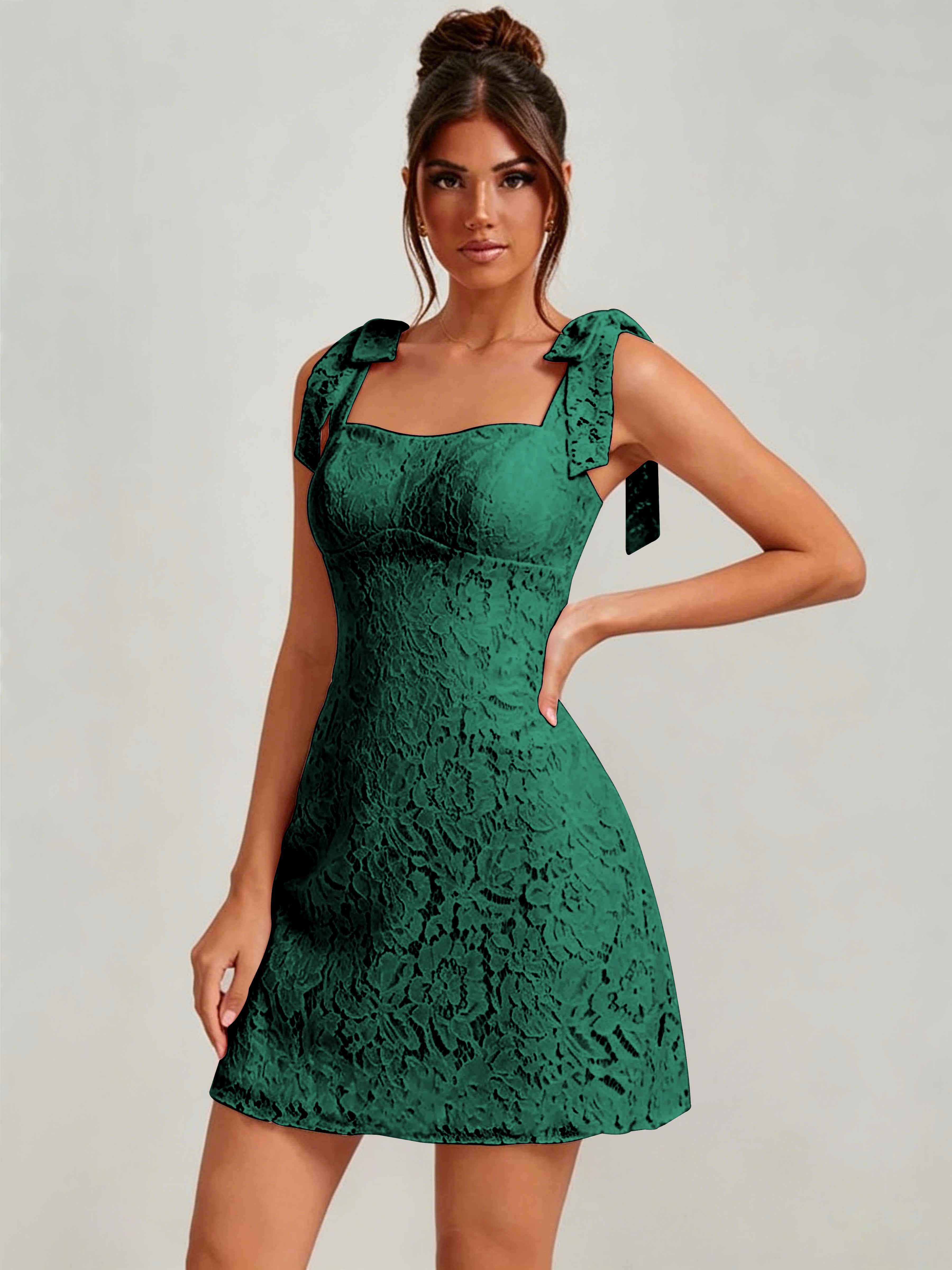ROVDESY Bow Tie Spaghetti Strap A-Line  Floral Lace Mini Dress