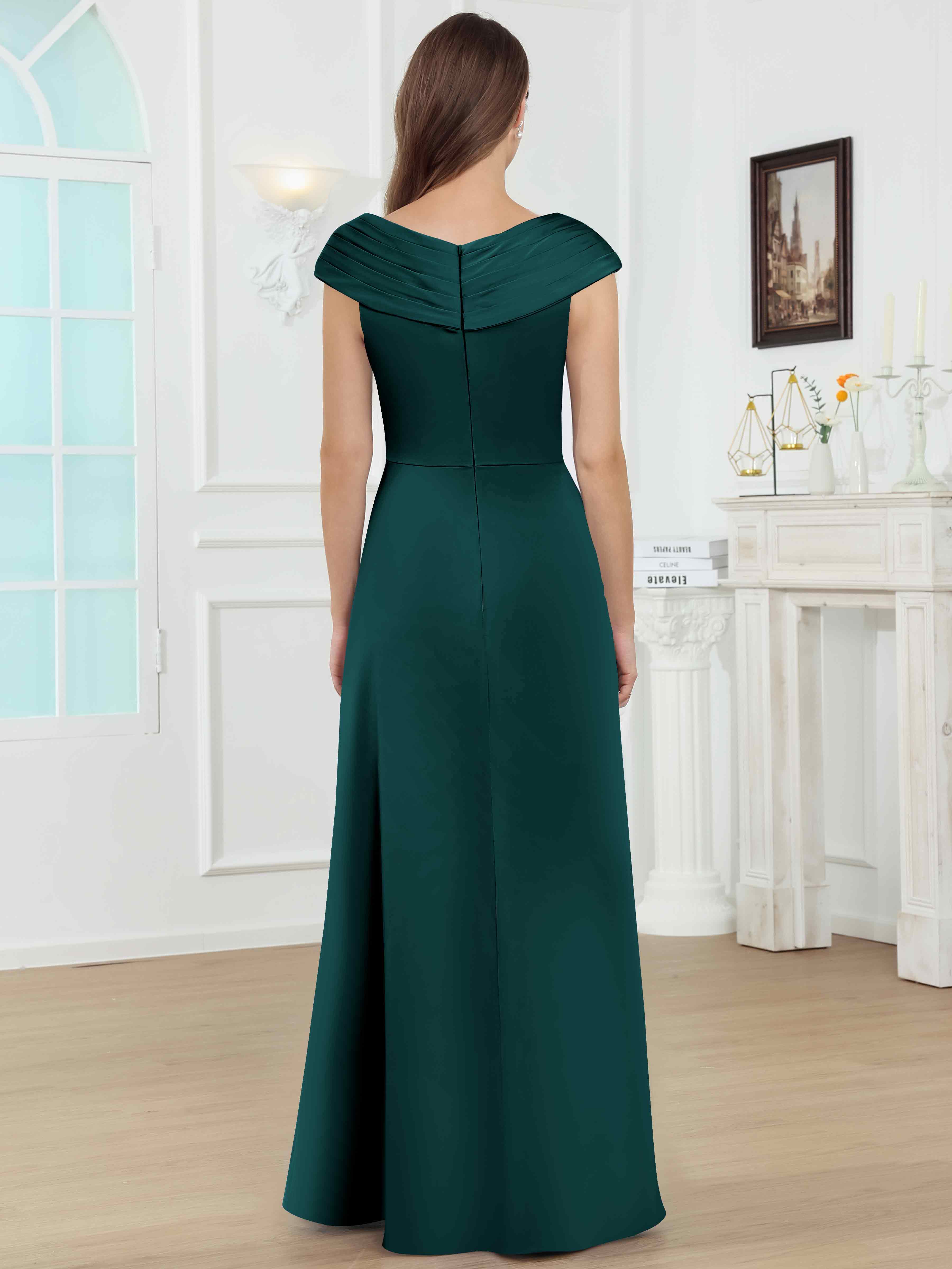 ROVDESY V-Neck Off The Shoulder Pleated Satin Mother Of The Bride Dress With Slit