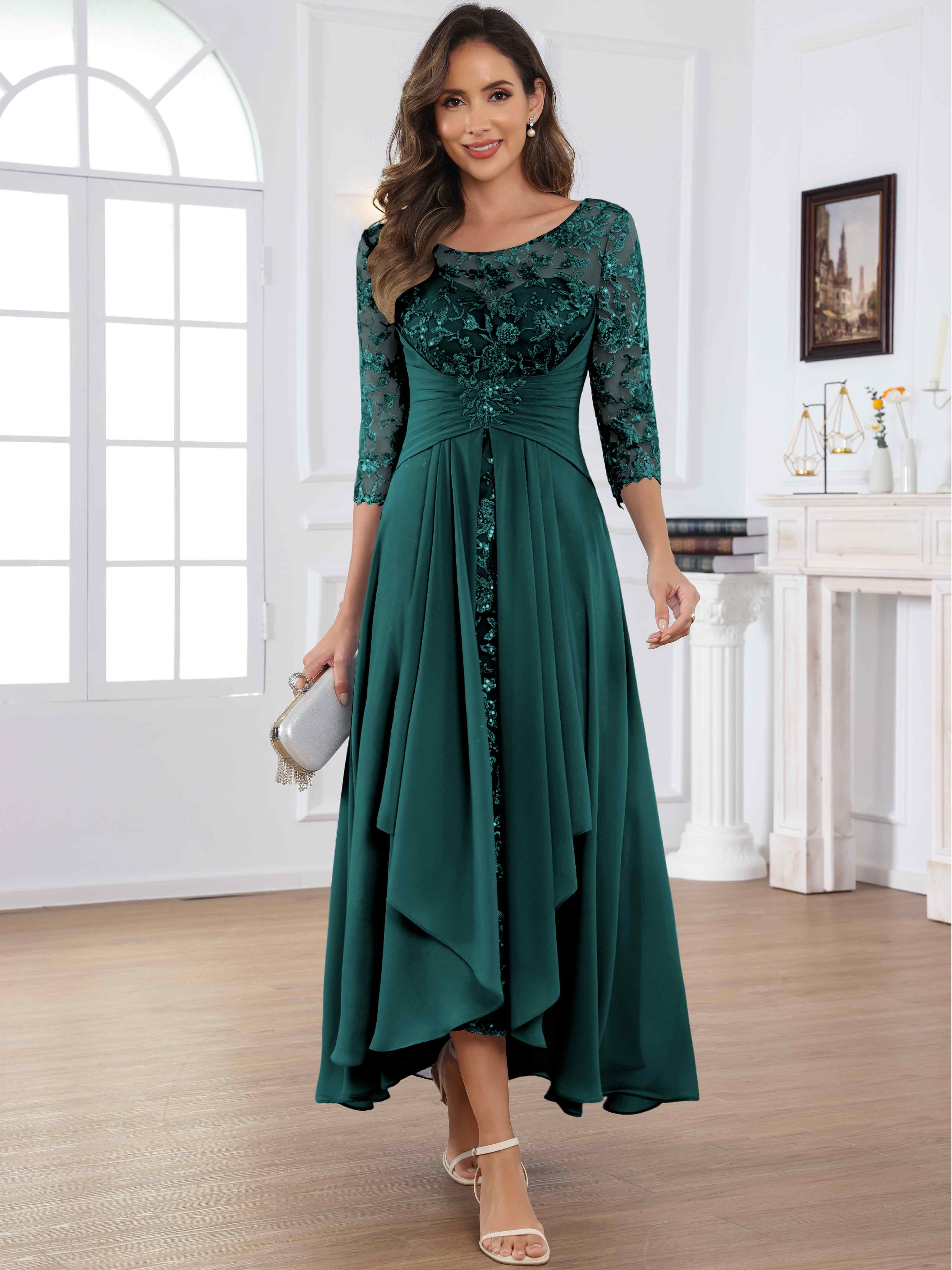 ROVDESY Tea Length Lace Chiffon Mother of The Bride Dress with 3/4 Sleeves