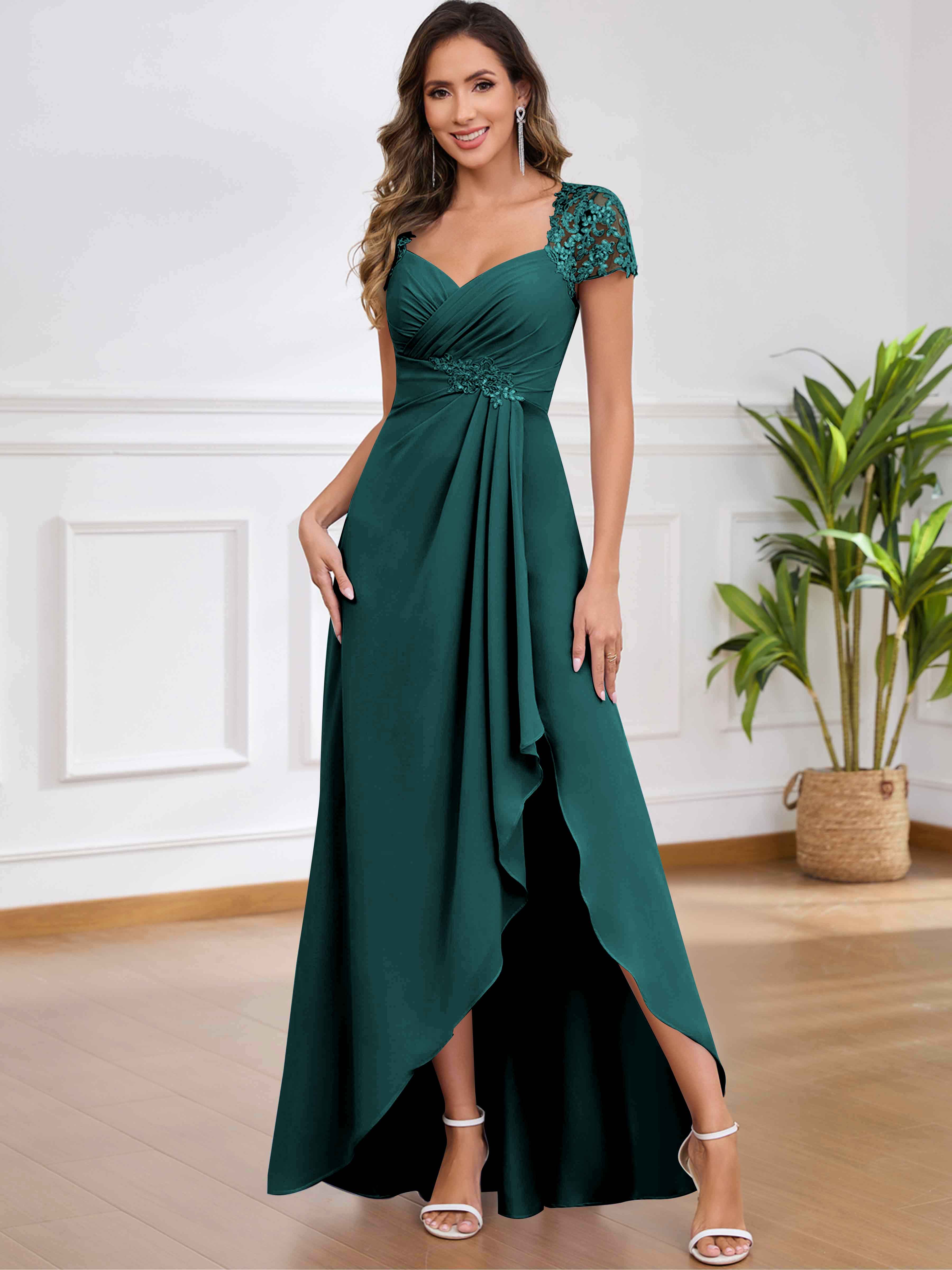 ROVDESY A-Line Pleated Lace Sequin Ruffle Chiffon Mother Of The Bride Dress With Slit