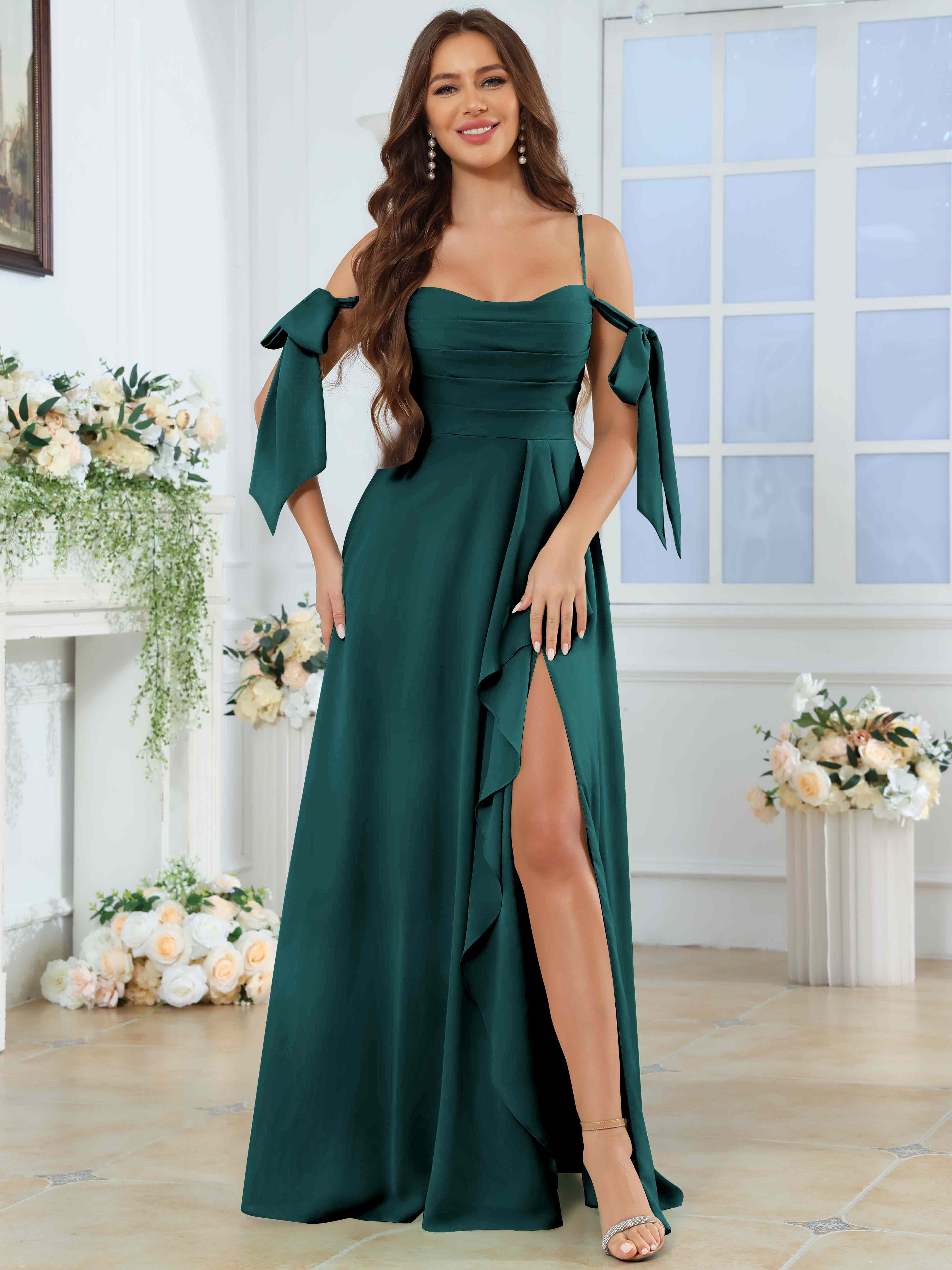 ROVDESY Spaghetti Strap Pleated Ruffle Slit Chiffon Bridesmaid Dress With Bow Sleeves
