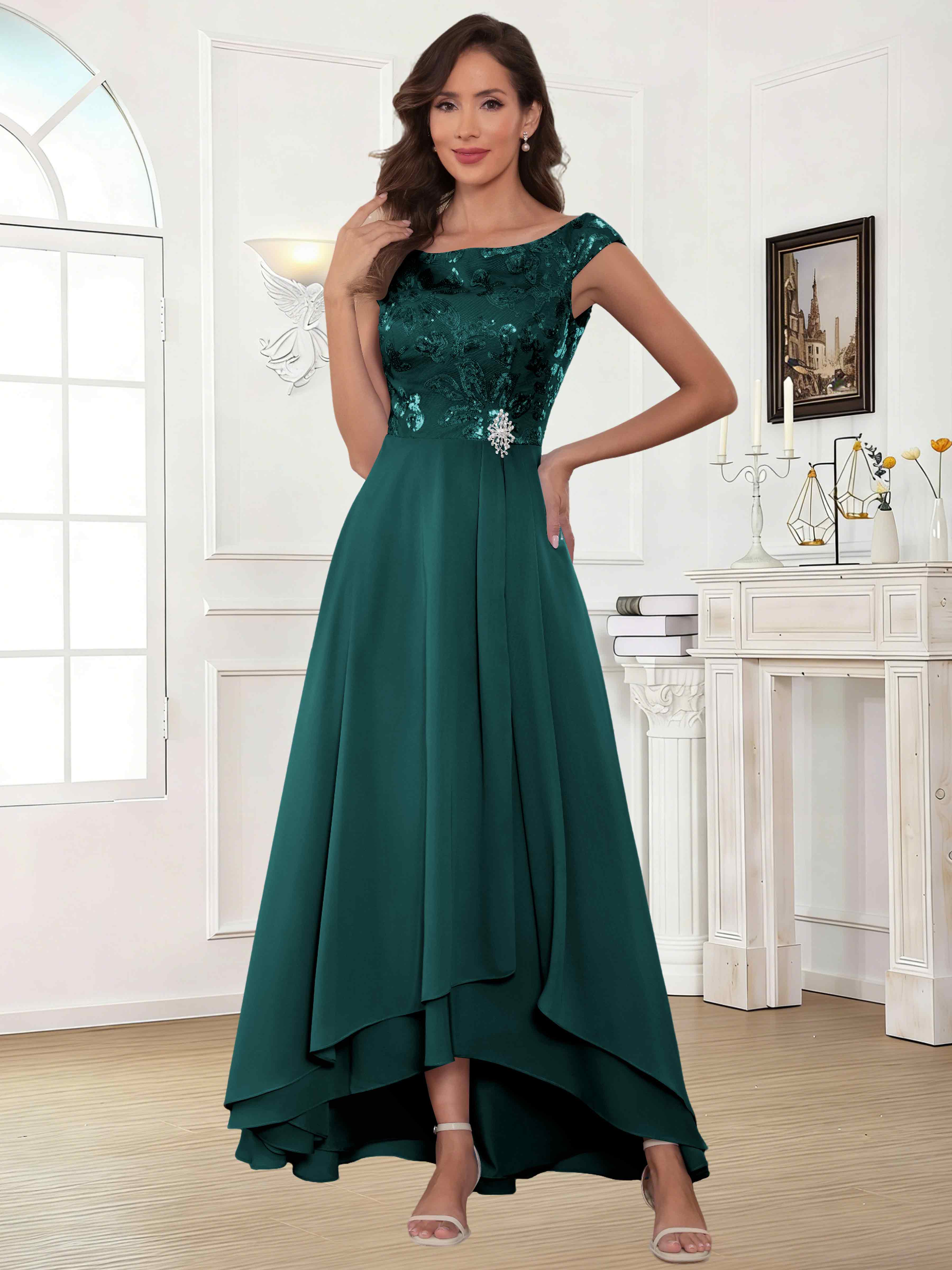 ROVDESY Tea Length Off-The-Shoulder Sequin Chiffon Mother Of The Bride Dress