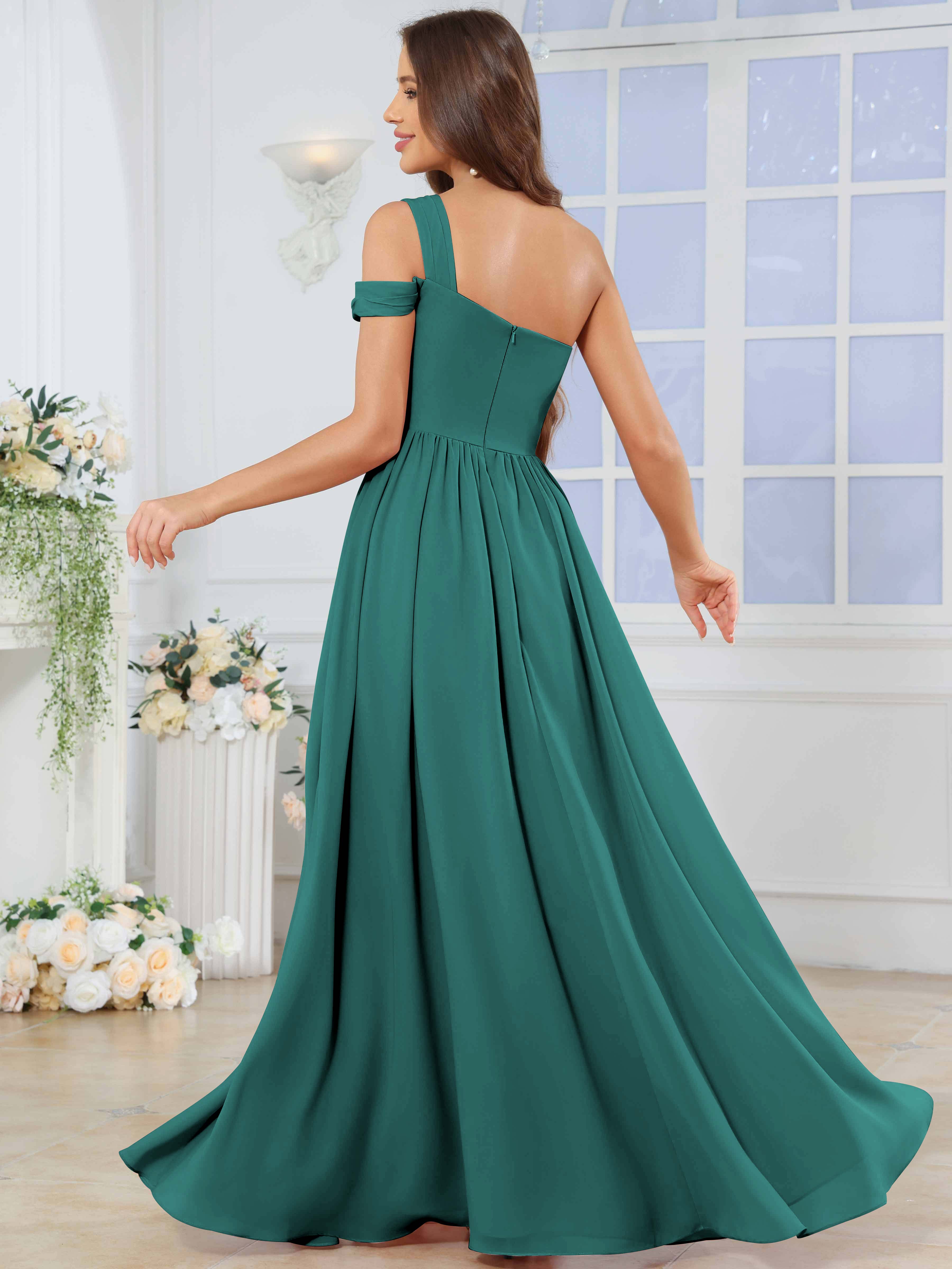 ROVDESY One Shoulder Pleated Chiffon Bridesmaid Dress With Slit