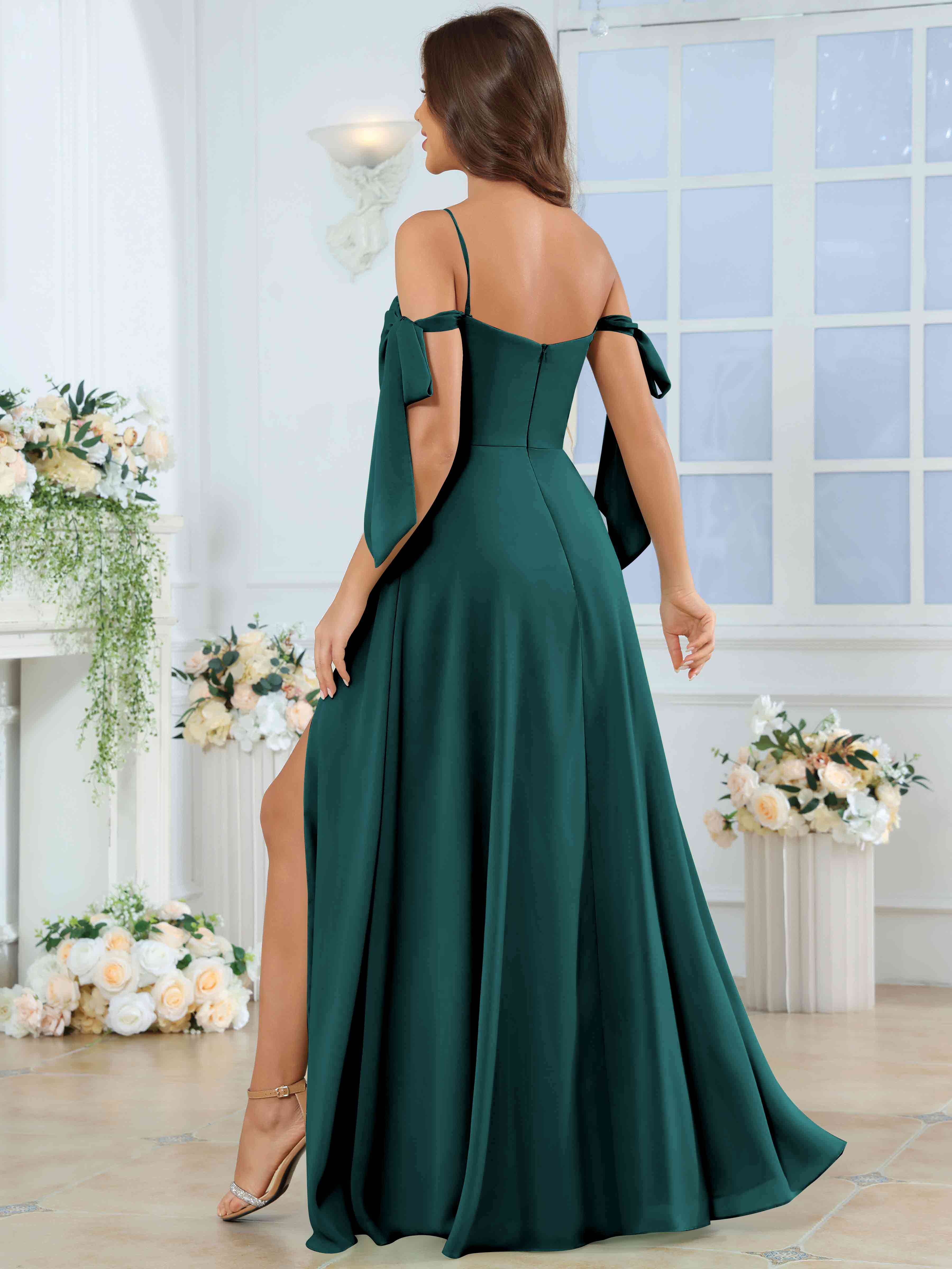 ROVDESY Spaghetti Strap Pleated Ruffle Slit Chiffon Bridesmaid Dress With Bow Sleeves
