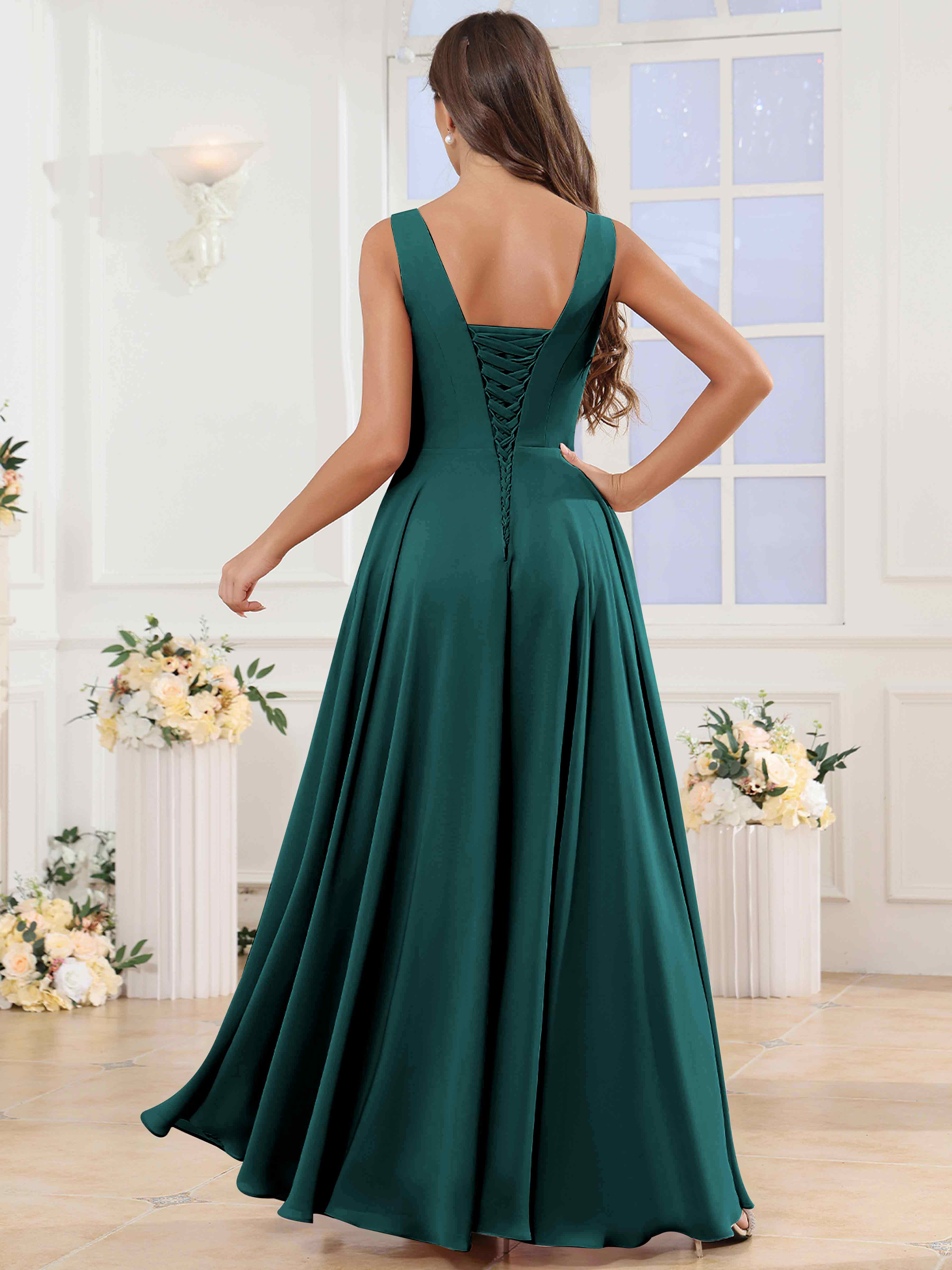 ROVDESY V-Neck Pleated Sleeveless Ruffle Chiffon Bridesmaid Dress With Slit