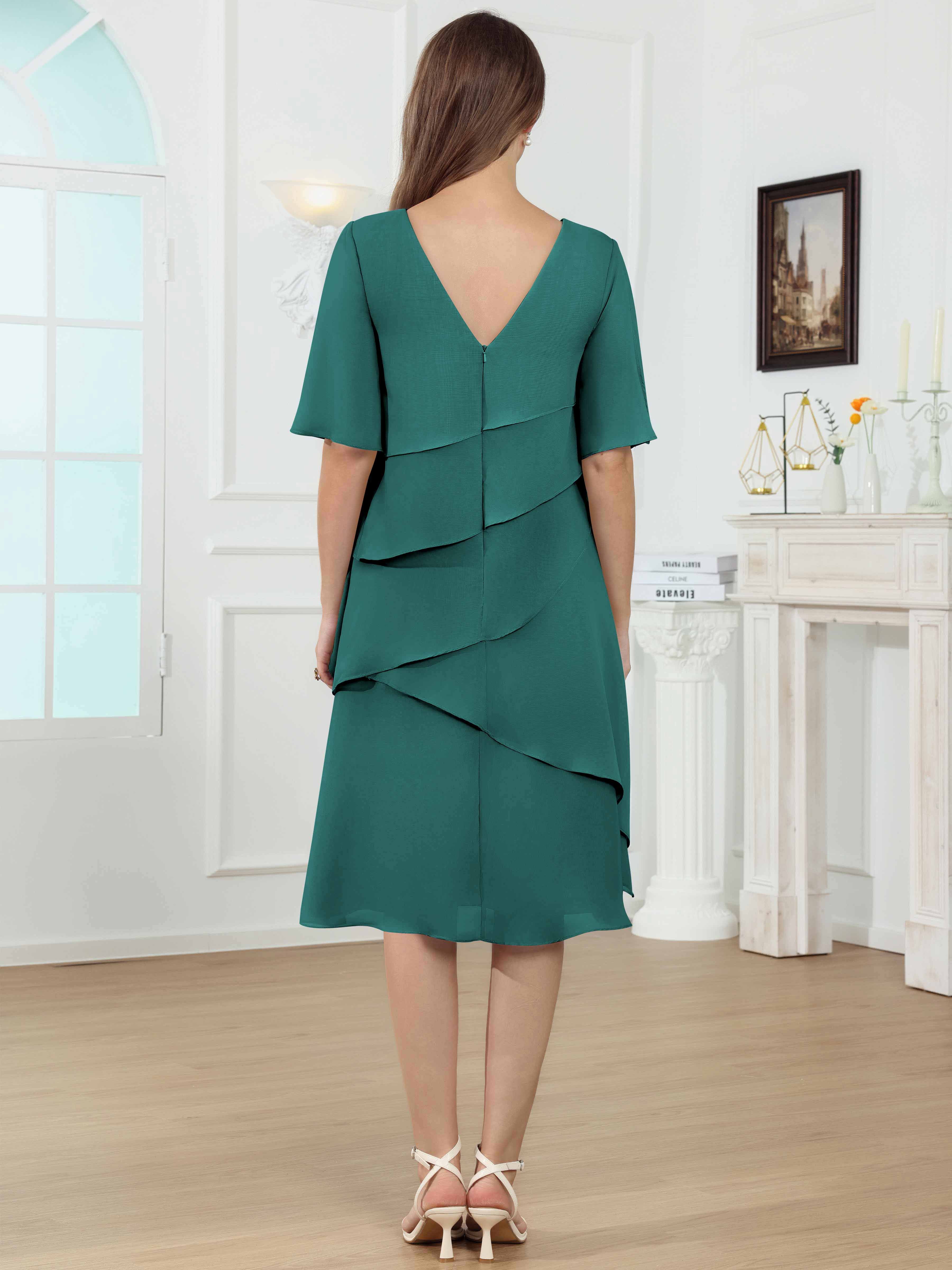 ROVDESY Knee Length Tiered Ruffle Chiffon Mother Of The Bride Dress With Half Sleeves