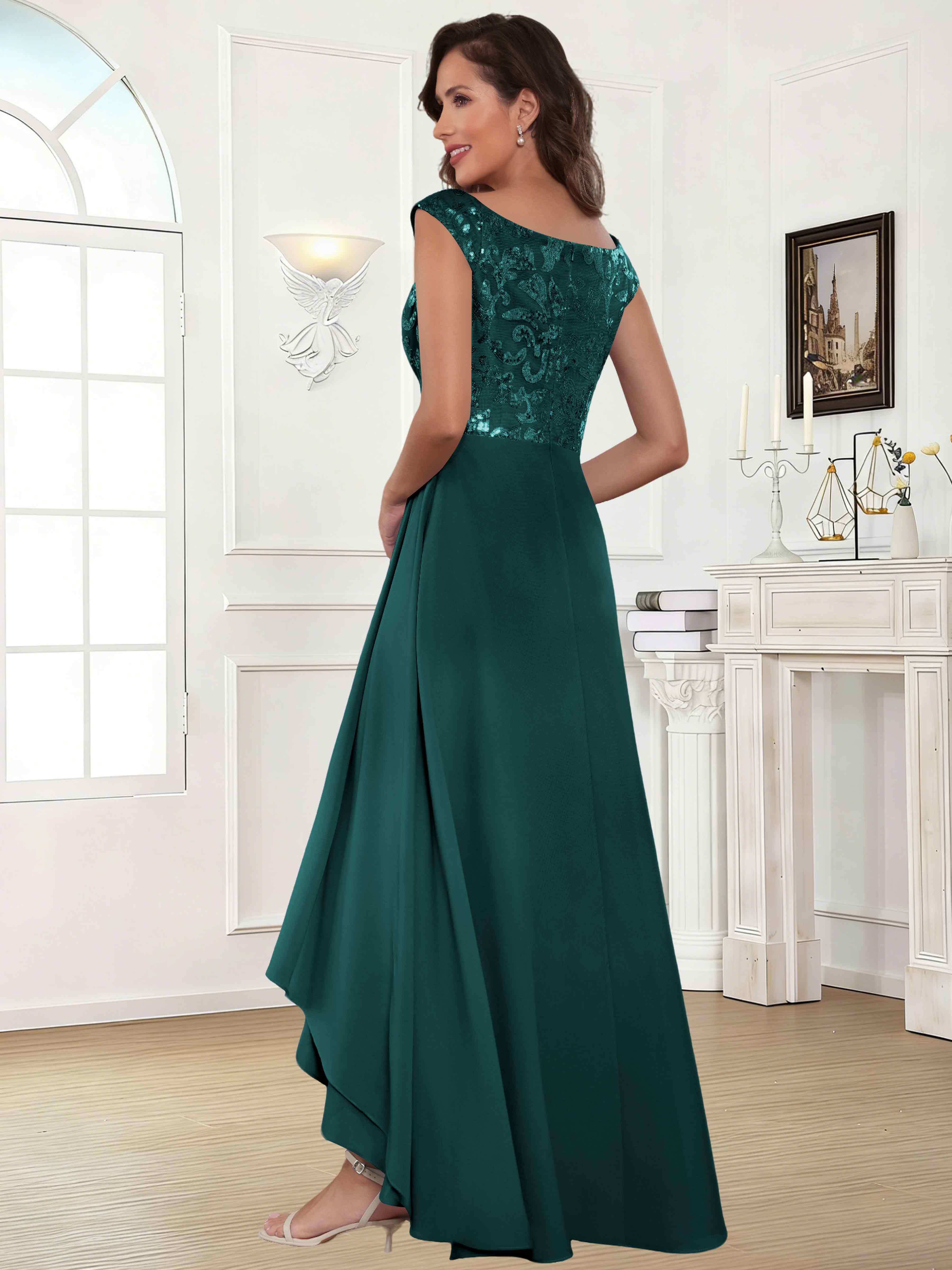 ROVDESY Tea Length Off-The-Shoulder Sequin Chiffon Mother Of The Bride Dress