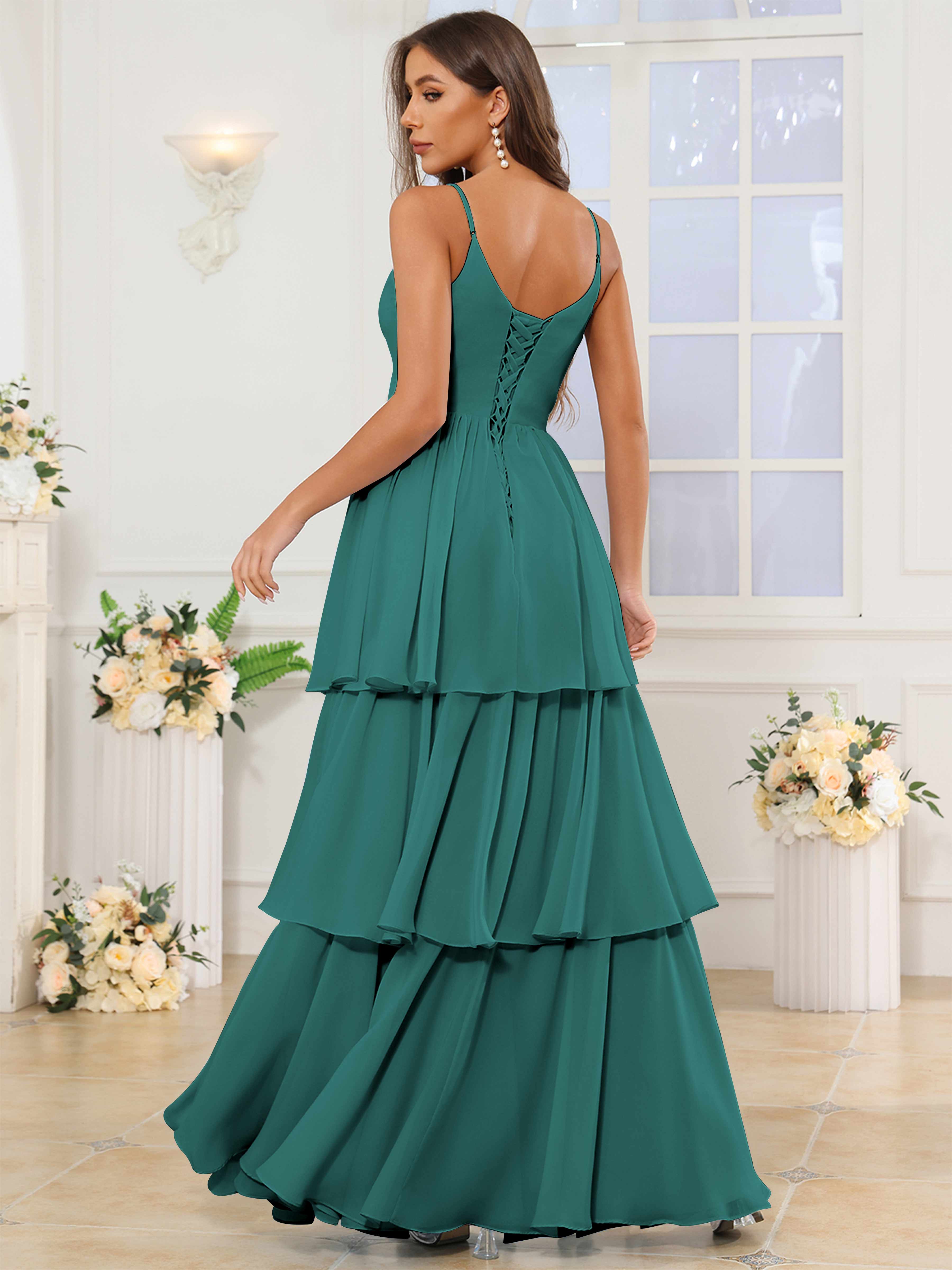 ROVDESY V-Neck Spaghetti Straps Tiered Chiffon Bridesmaid Dress With Ruffles